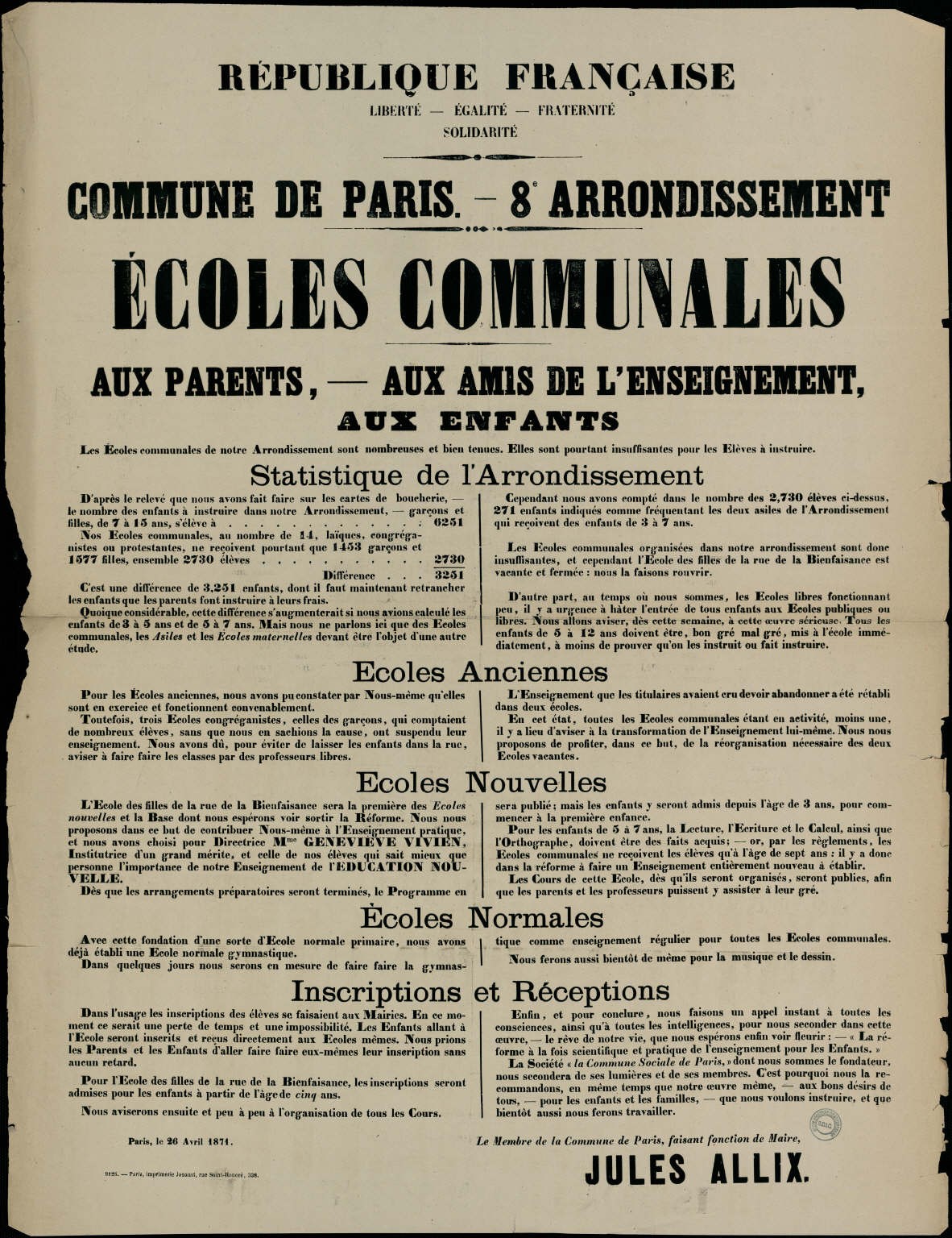 Affiche de la Commune de Paris du 26 avril 1871 - Écoles communales de Paris VIIIème - Jules Allix