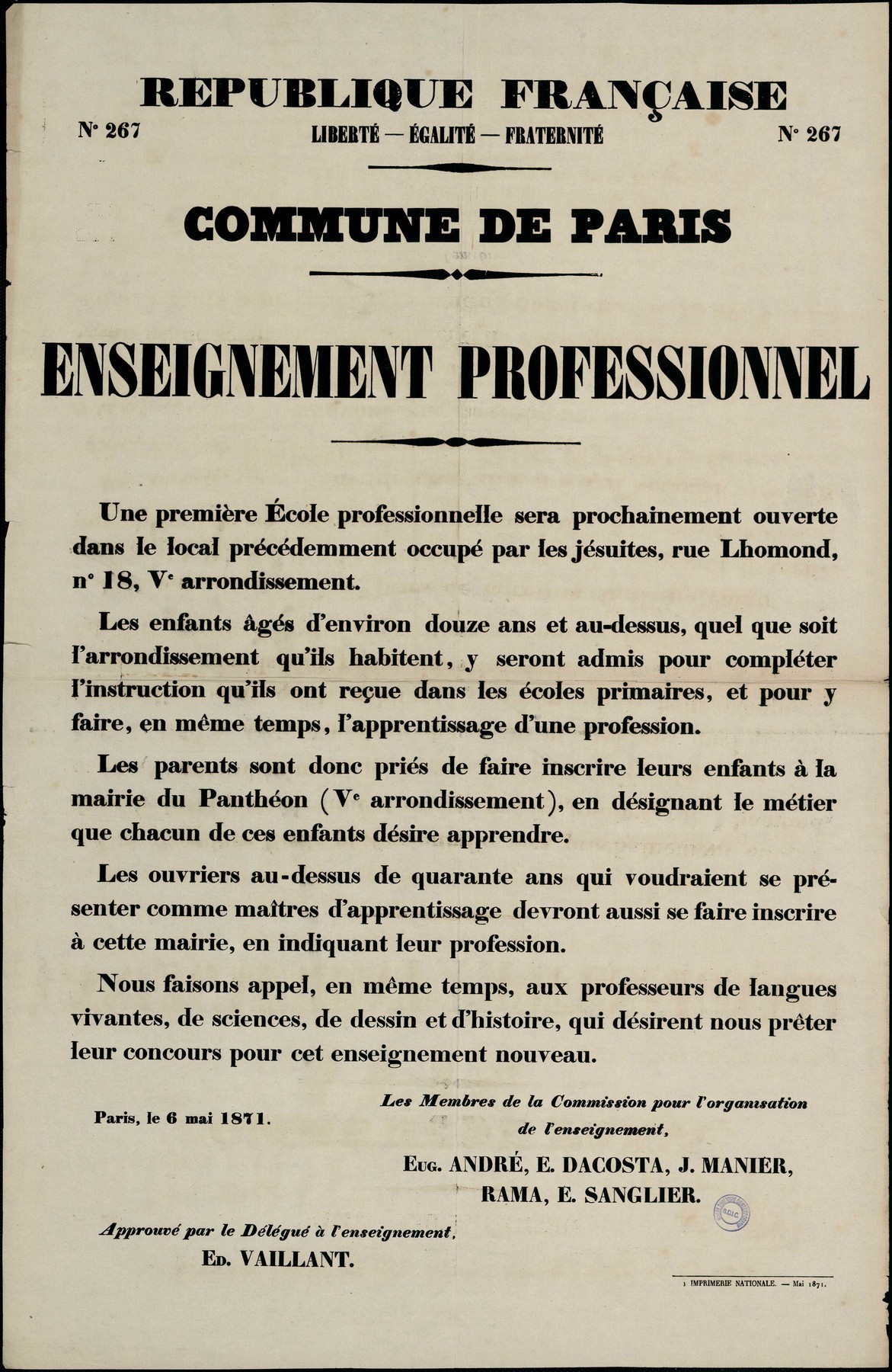 Affiche de la Commune de Paris concernant l'enseignement N° 267 du 6 mai 1871 - Ouverture d'une école professionnelle signée Vaillant