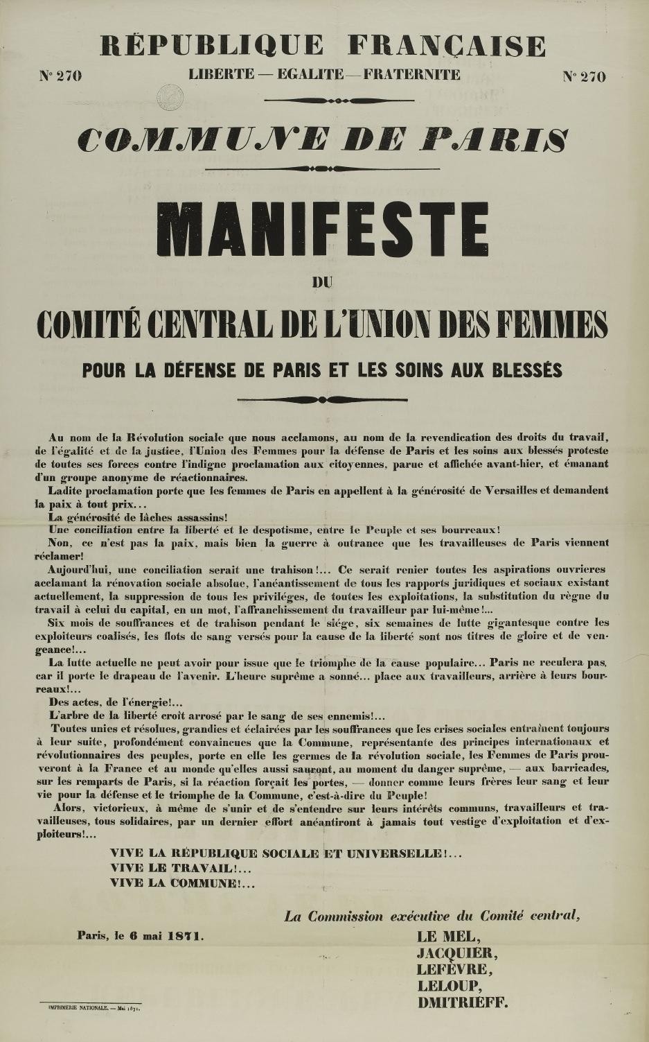 Affiche de la Commune N° 270 du 6 mai 1871 - Manifeste du Comité central de l'Union des femmes pour la défense de Paris et les soins aux blessés  (source La contemporaine à Nanterre - argonnaute.parisnanterre.fr)