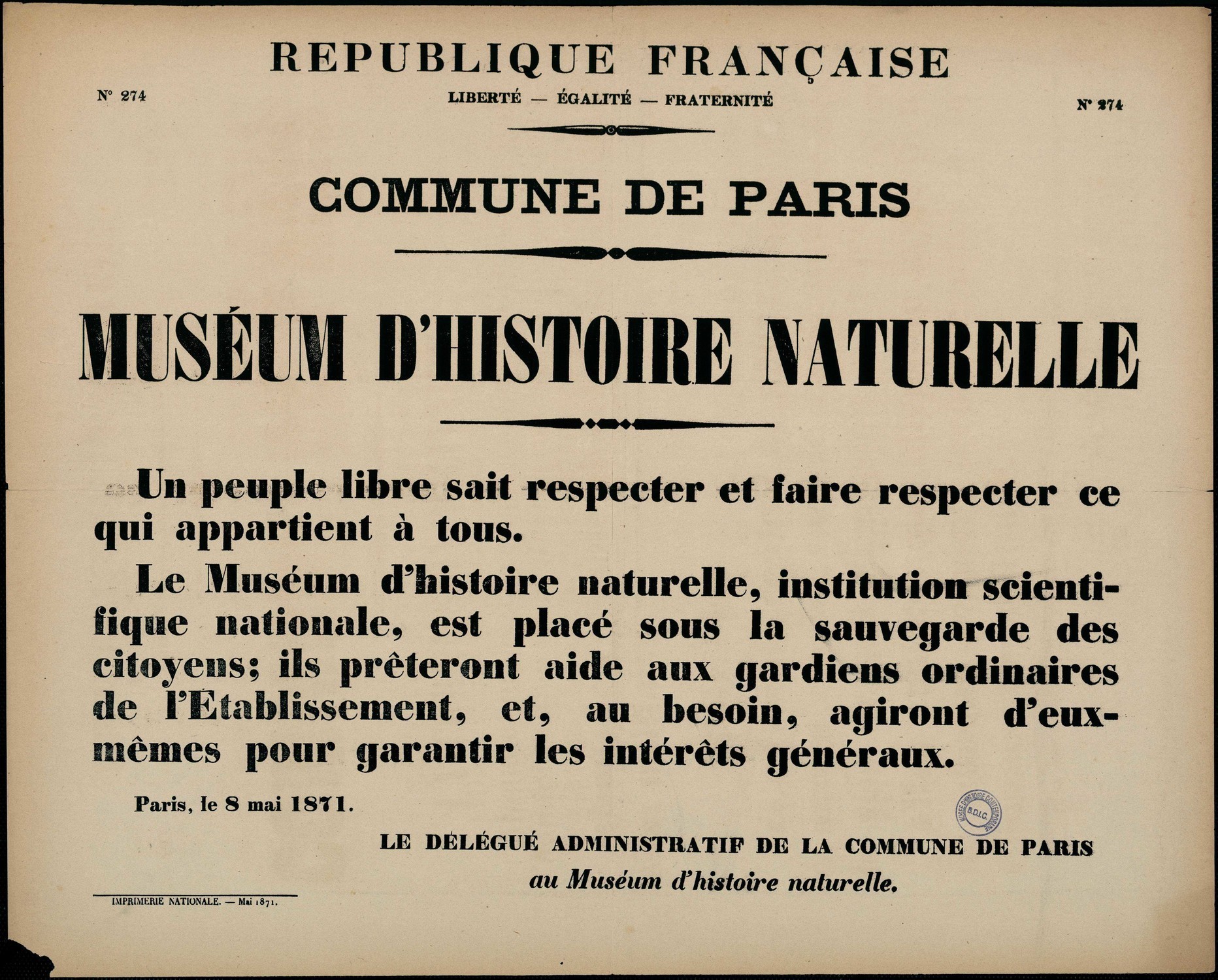 Affiche de la Commune de Paris N° 274 du 8 mai 1871 - Muséum d'Histoire Naturelle (source : La Contemporaine – Nanterre / argonnaute.parisnanterre.fr)