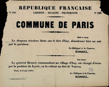 Affiche de la Commune de Paris N° 280 du 9 mai 1871 annonçant la prise du Fort d'Issy (Source : argonnaute.parisnanterre.fr)
