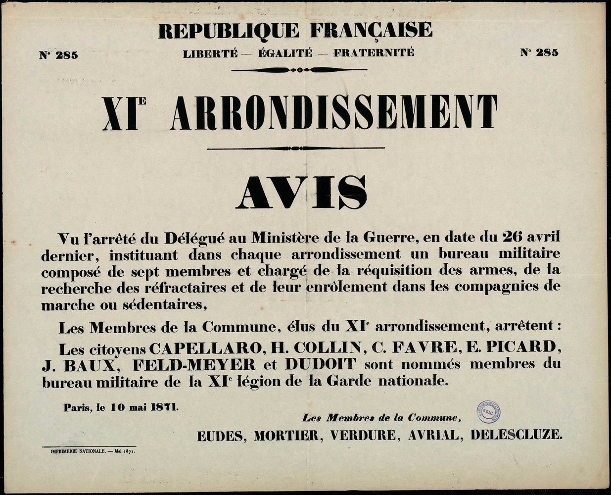 Affriche de la Commune de Paris N° 285 du 10 mai 1871 - Paris XIème, nomination à la XIème Légion de la Garde nationale (Source : argonnaute.parisnanterre.fr)