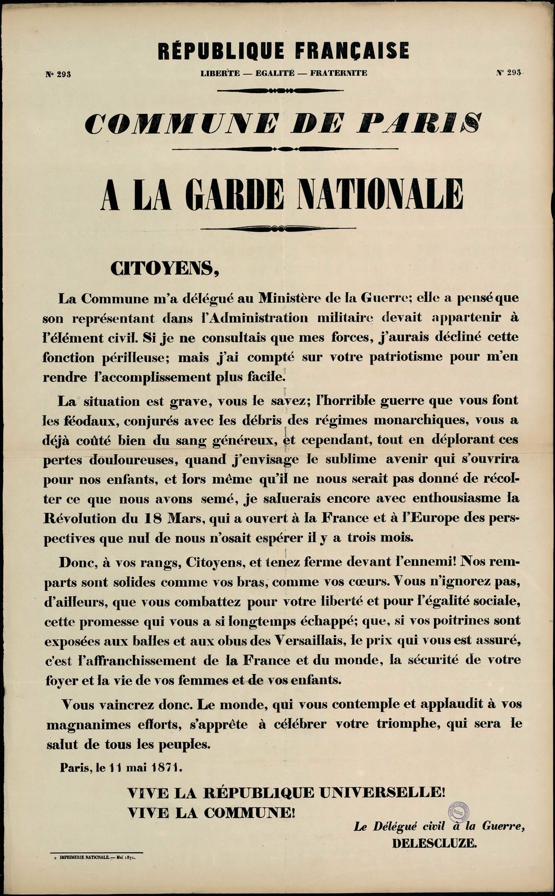 Affiche de la Commune N° 293 du 11 mai 1871 - Delescluze à la Garde nationale (Source : argonnaute.parisnanterre.fr)