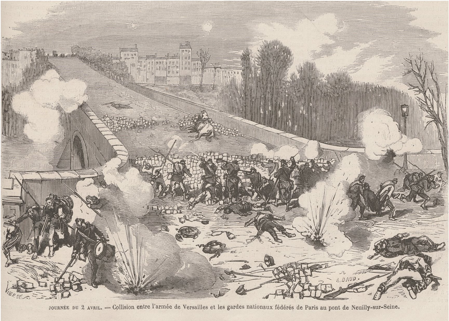 2 avril 1871 – Barricade du pont de Neuilly, l’attaque des versaillais. – Dessin de Vierge (source : Le Monde Illustré du 8 avril 1871)