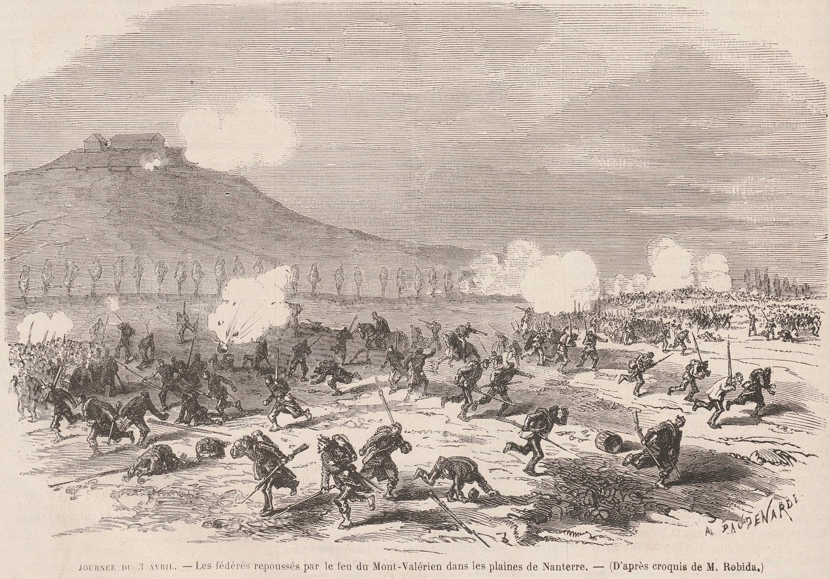 3 avril 1871 – Plaines de Nanterre, les  fédérés sont repoussés par les versaillais (source : Le Monde Illustré du 8 avril 1871)