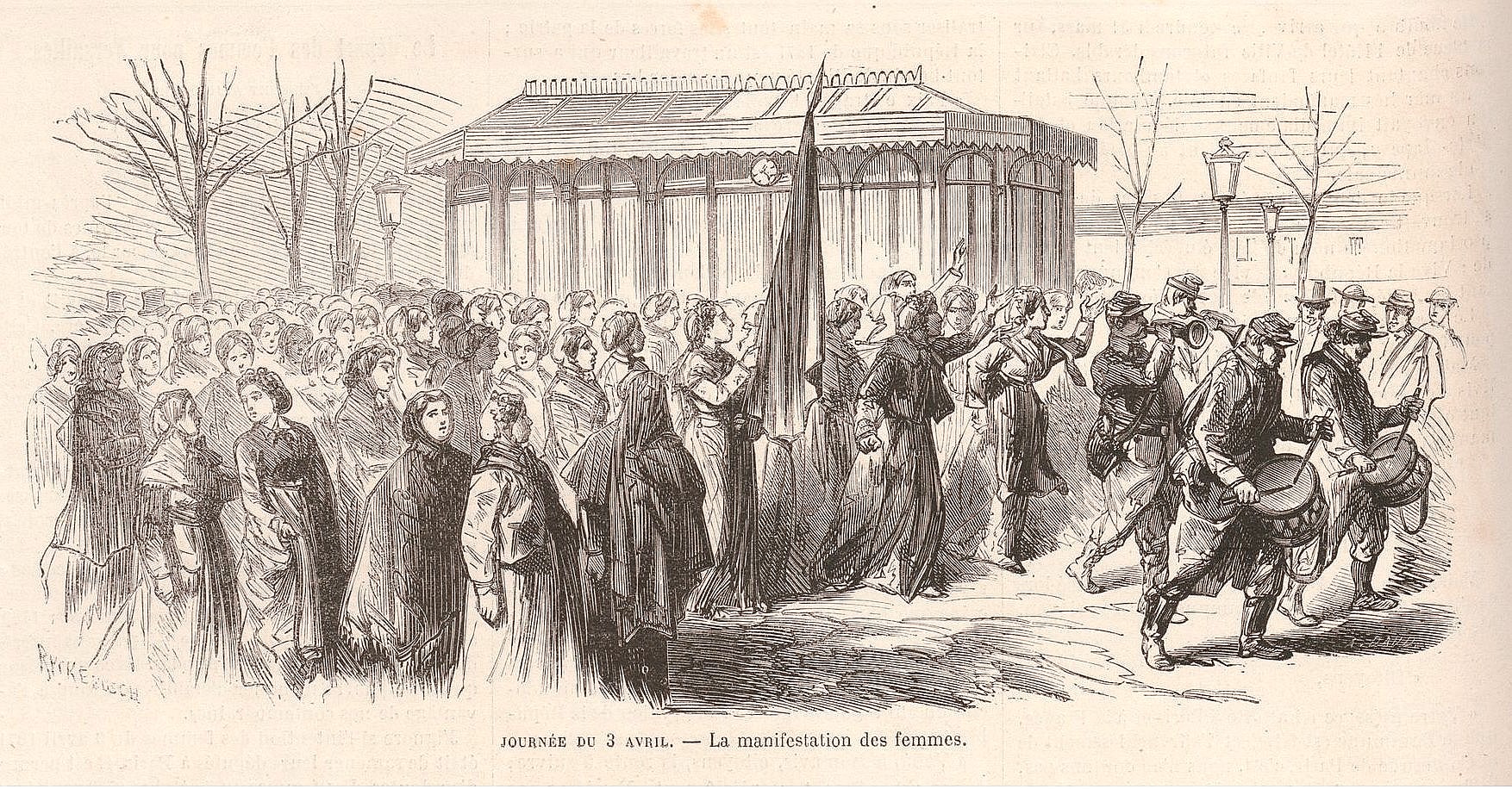 gravure représentant un cortège lors de la manifestation des femmes journée du 3 avril 1871 (Le Monde Illustré du 8 avril 1871 - source Gallica-BNF)