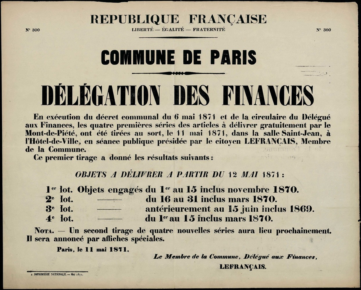 Affiche de la Commune de Paris N° 300 du 11 mai 1871 - Mont-de-Piété (Source : argonnaute.parisnanterre.fr)