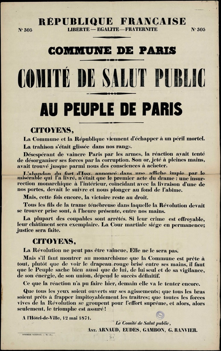 Affiche de la Commune de Paris N° 305 du 12 mai 1871 - Le Comité de Salut Public au Peuple de Paris (Source : argonnaute.parisnanterre.fr)