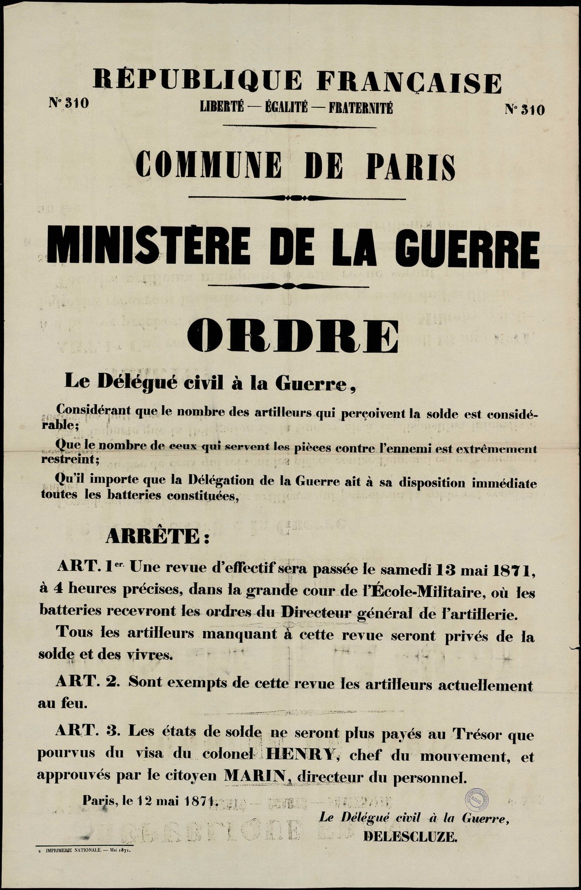 Affiche de la Commune de Paris N° 310 du 12 mai 1871 - Ordre du Ministère de la Guerre Delescluze (Source : argonnaute.parisnanterre.fr)