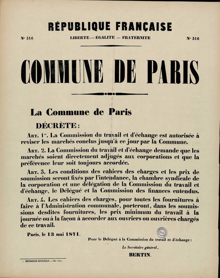 Affiche de la Commune de Paris N° 316 du 13 mai 1871 - Décrets concernant les marchés de la Commune