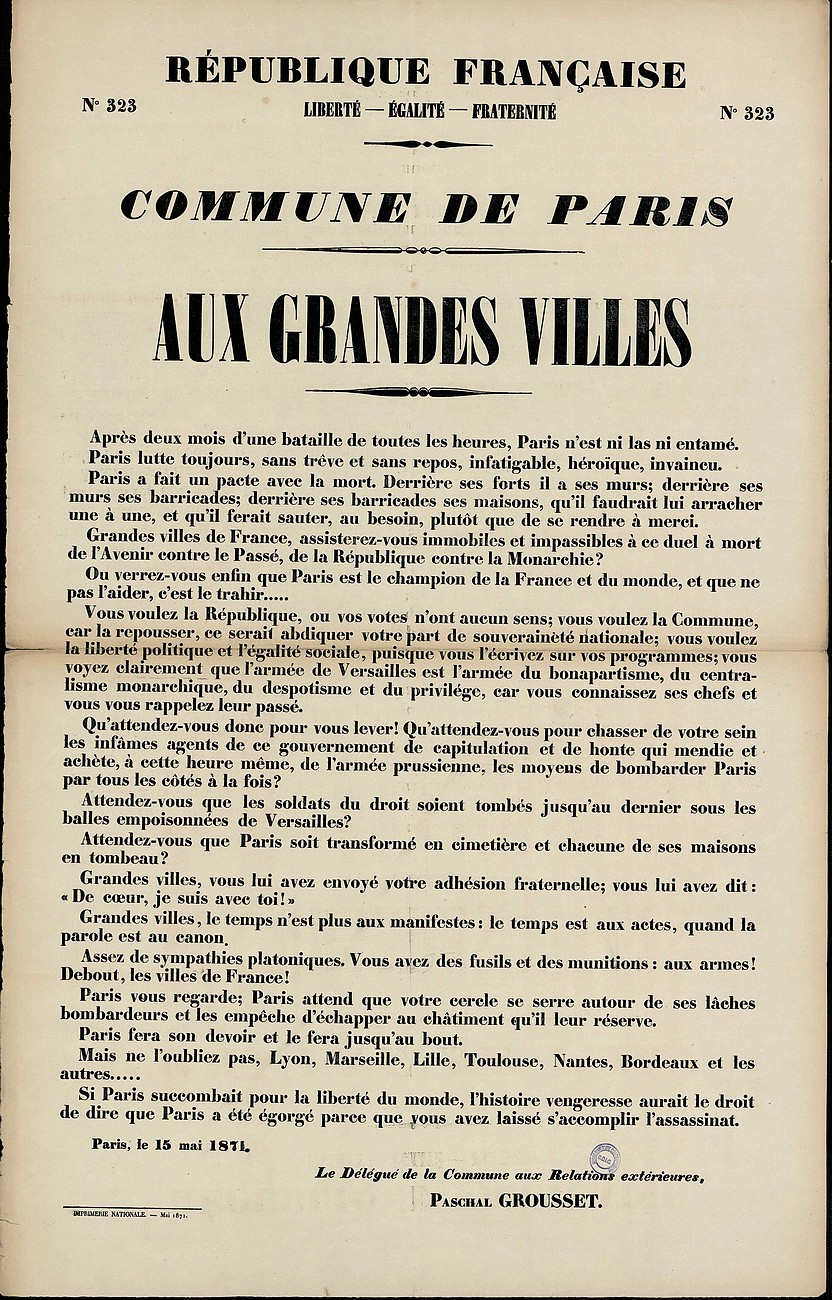 Affiche de la Commune de Paris N° 323 du 15 mai 1871 - Appel aux grandes villes (Source : argonnaute.parisnanterre.fr)