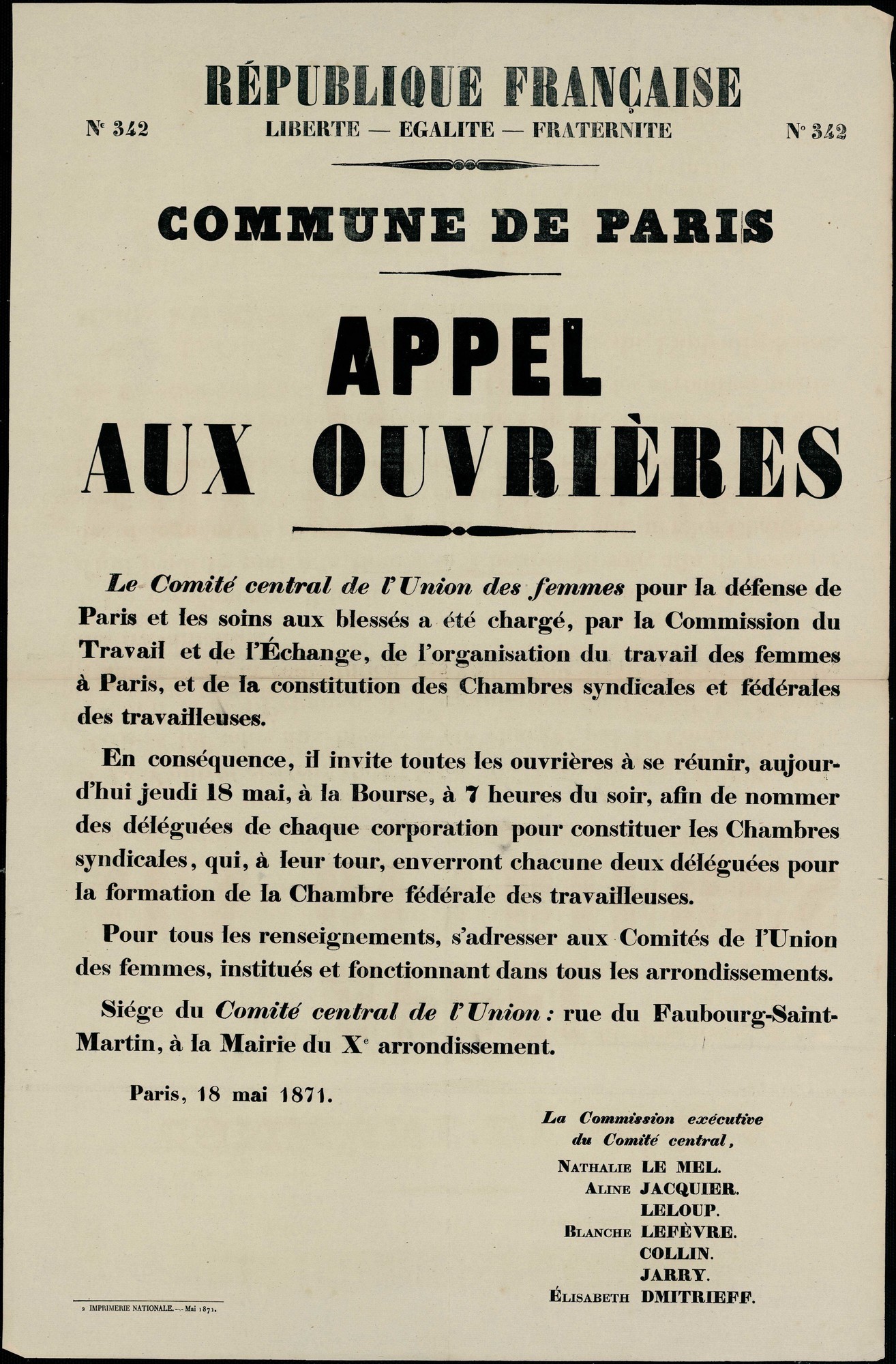 Affiche de la Commune N° 342 du 18 mai 1871 - Appel aux ouvrières  (source La contemporaine à Nanterre - argonnaute.parisnanterre.fr)