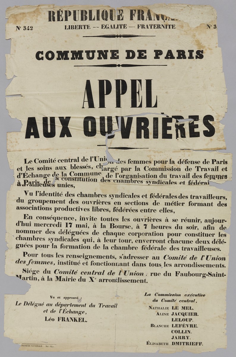 Affiche de la Commune de Paris N° 342 du 18 mai 1871 - Appel aux ouvrières avec signature de Frankel (Source : argonnaute.parisnanterre.fr)