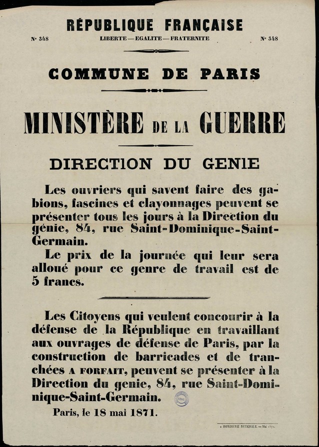 Affiche de la Commune de Paris du 18 mai 1871 - Ministère de la Guerre, Direction du Génie (Source : argonnaute.parisnanterre.fr)