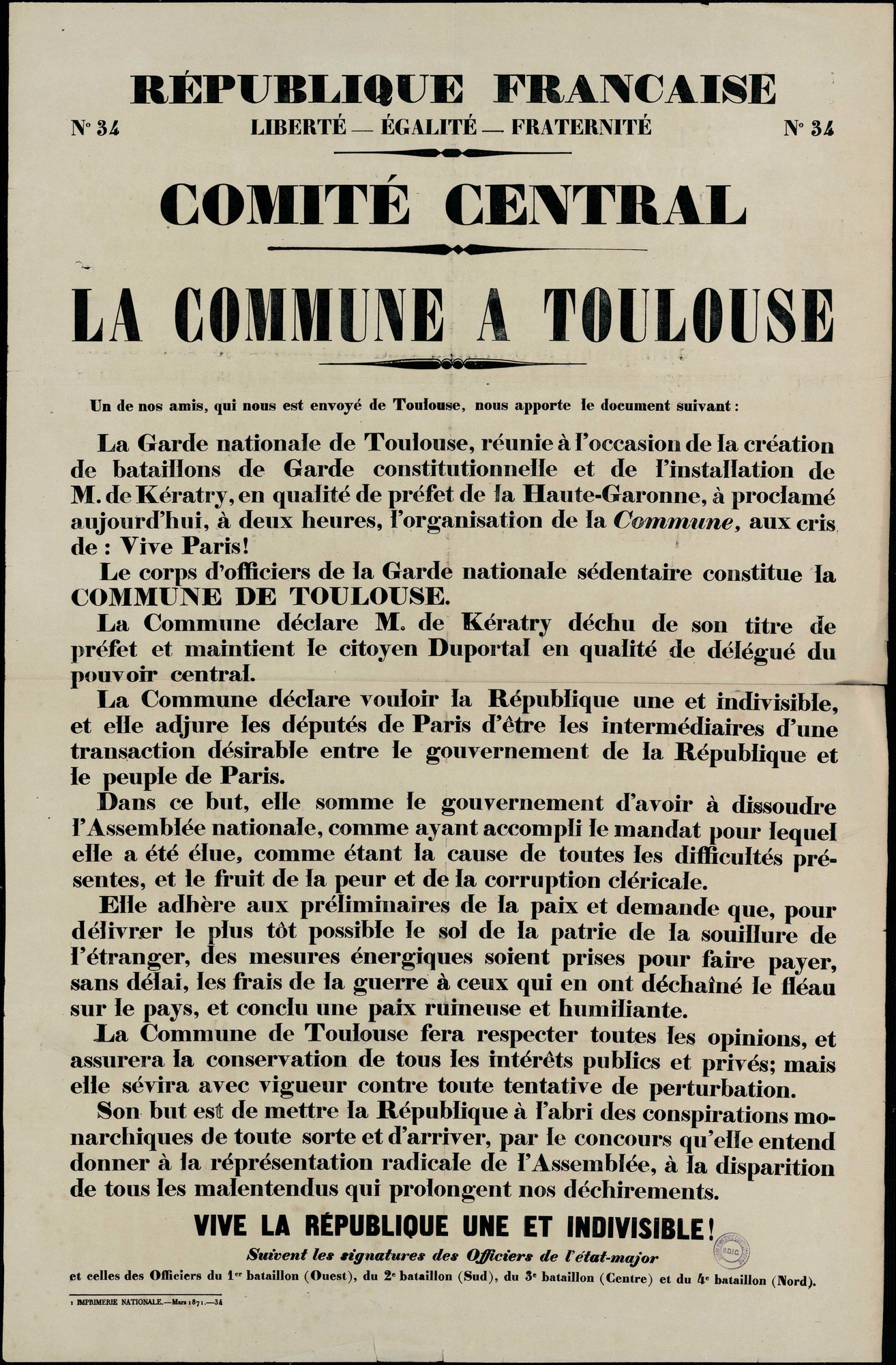 Affiche de la Commune de Paris N°34 de mars 1871 - Le Comité central de la Garde nationale de Paris nous informe de la Commune de Toulouse (source : La Contemporaine – Nanterre / argonnaute.parisnanterre.fr)