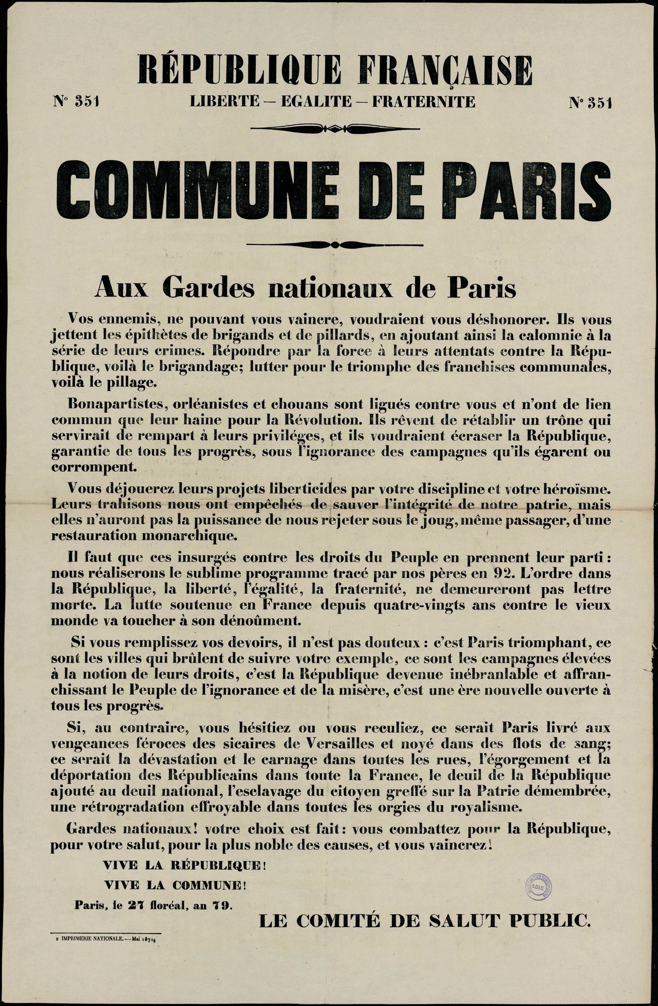 Affiche de la Commune de Paris N° 351 du 17 mai 1871 (27 floréal an 79) - Appel aux Gardes nationaux de Paris (source : La Contemporaine – Nanterre / argonnaute.parisnanterre.fr)