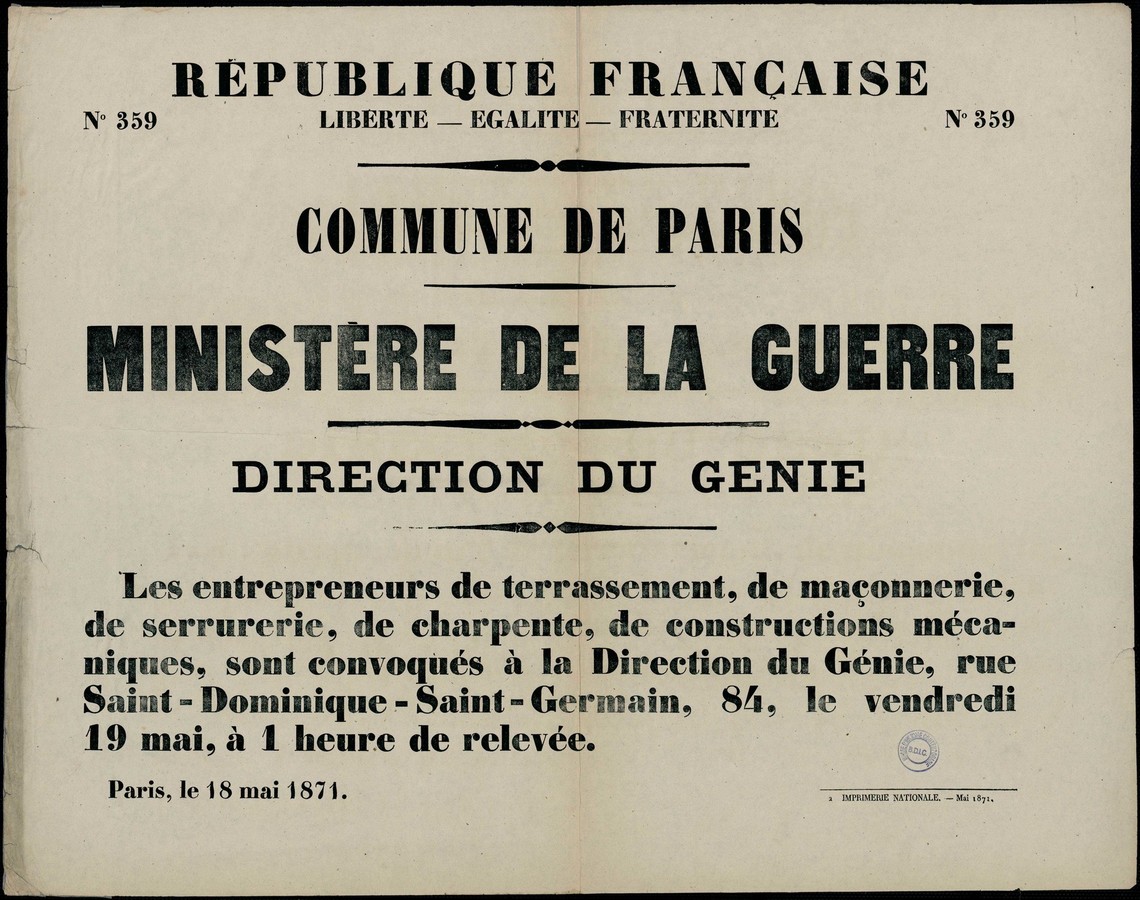 Affiche de la Commune de Paris N° 359 du 18 mai 1871 - Ministère de la Guerre, Direction du Génie (Source : argonnaute.parisnanterre.fr)