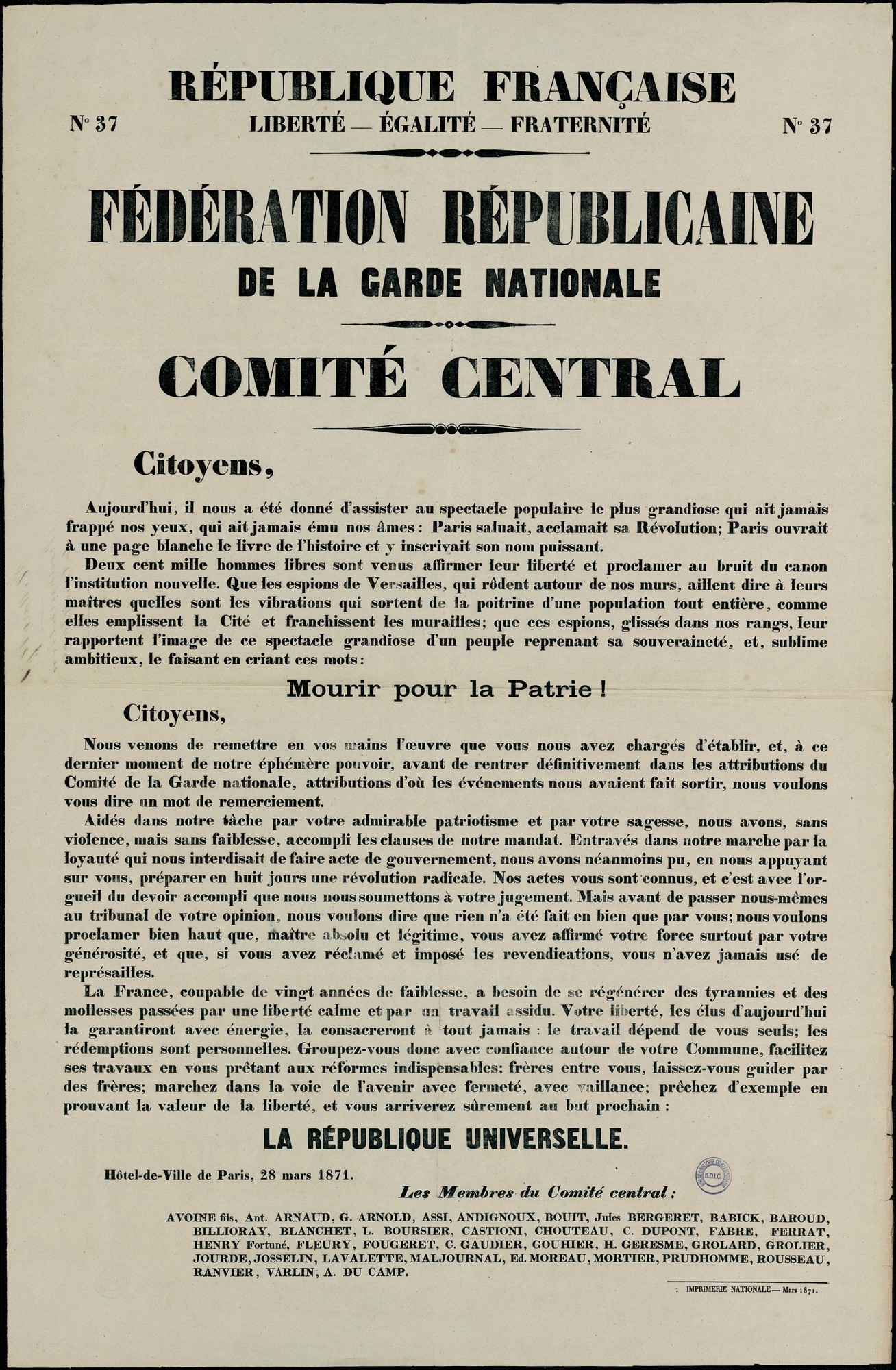 Affiche de la Commune de Paris N° 37 du 28 mars 1871 - Mourir pour la Patrie