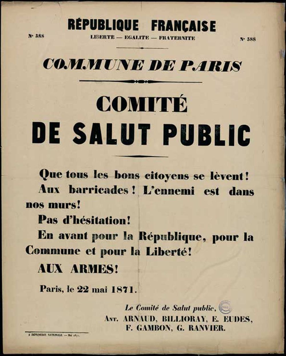 Affiche de la Commune de Paris N° 388 du 22 mai 1871 - Appel au combat