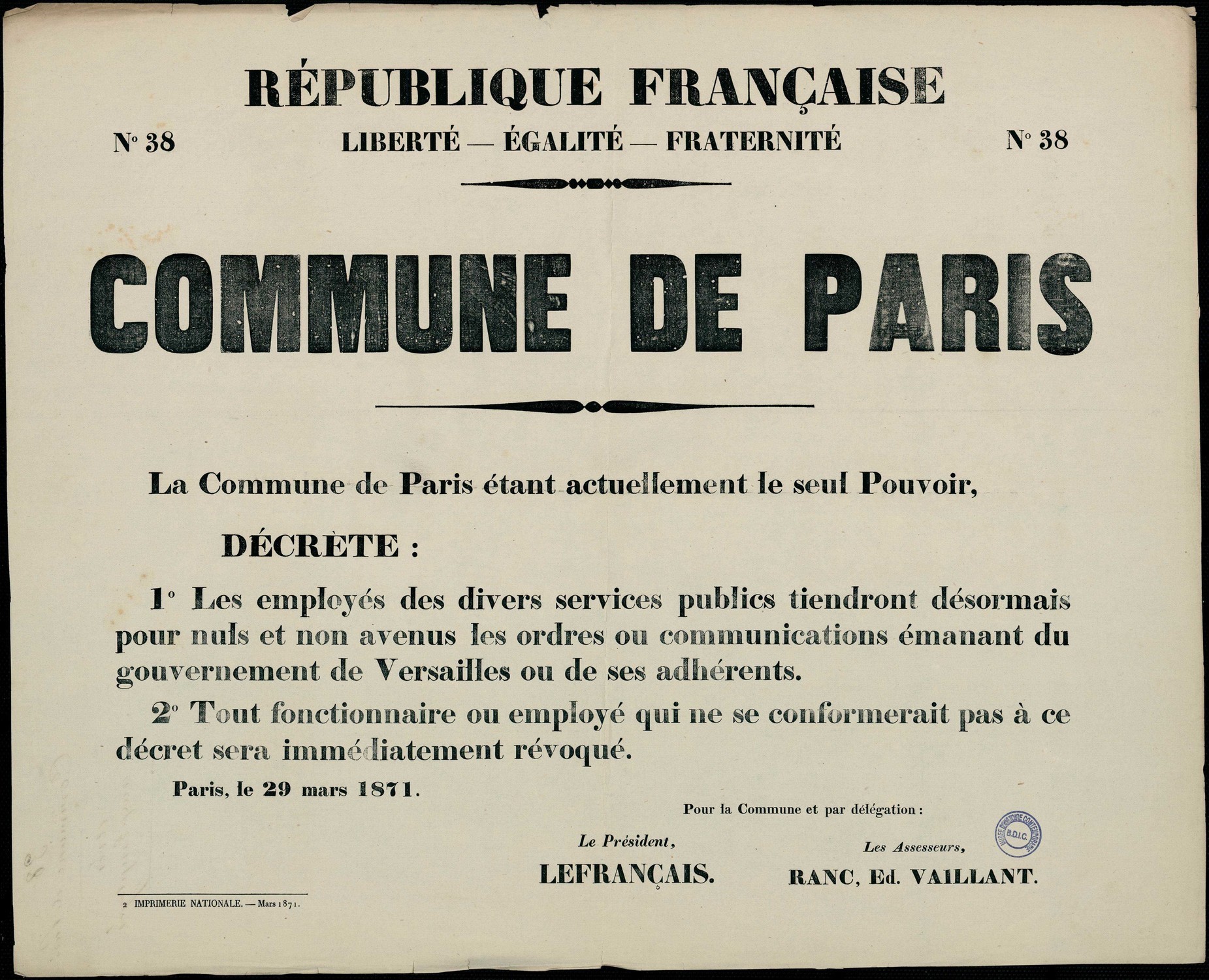 Affiche de la Commune N° 38 du 29 mars 1871 - Décret sur les Services publics