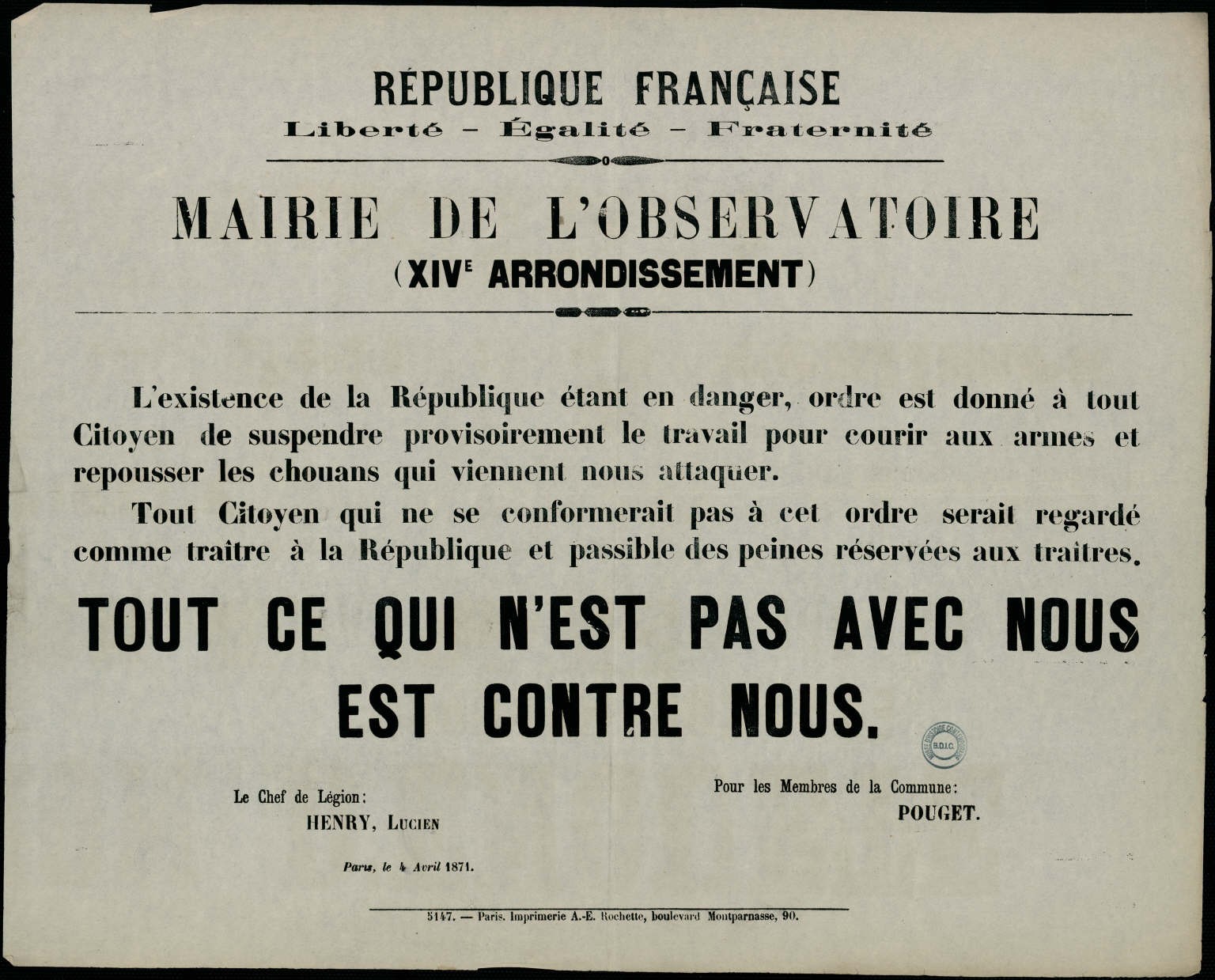Affiche de la Commune de Paris du 4 avril 1871 - Paris IVème, appel aux armes.