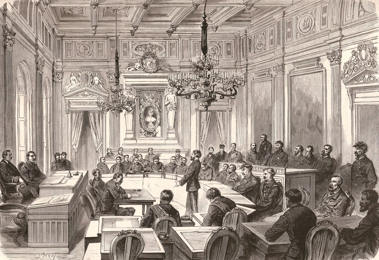 Une séance de la Commune de Paris dans la salle des Maires de l’Hôtel-de-Ville. - dessin de Deroy (Le Monde Illustré du 4 avril 1871)