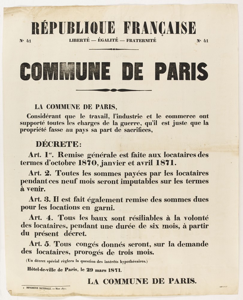 Affiche de la Commune de Paris N° 41 du 29 mars 1871 portant sur le moratoire des loyers (source : La Contemporaine – Nanterre / argonnaute.parisnanterre.fr)