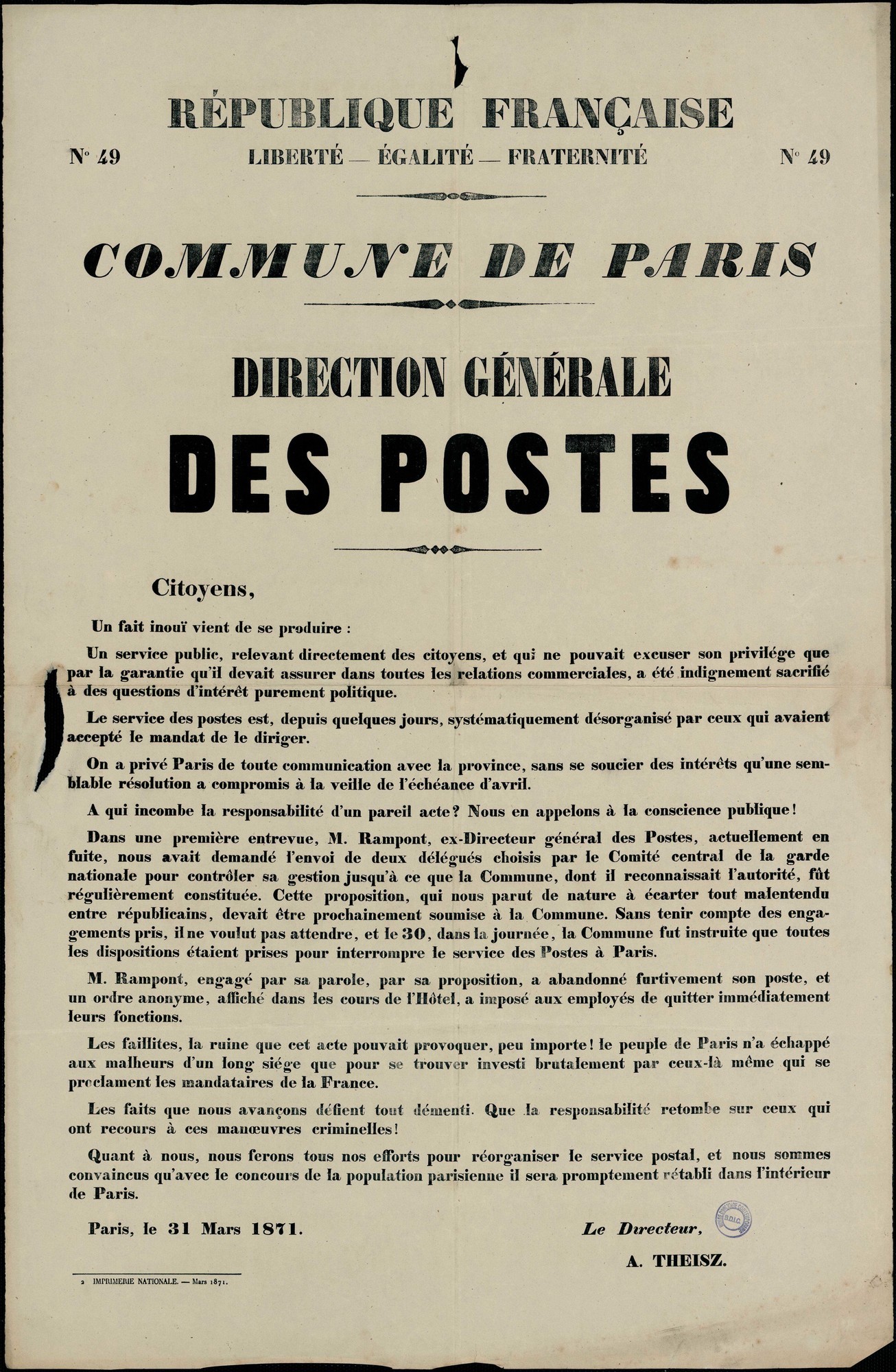 Affiche de la Commune de Paris N° 49 du 31 mars 1871 - Annonce de Theisz du départ préccipité de Rampont (source : La Contemporaine – Nanterre / argonnaute.parisnanterre.fr)