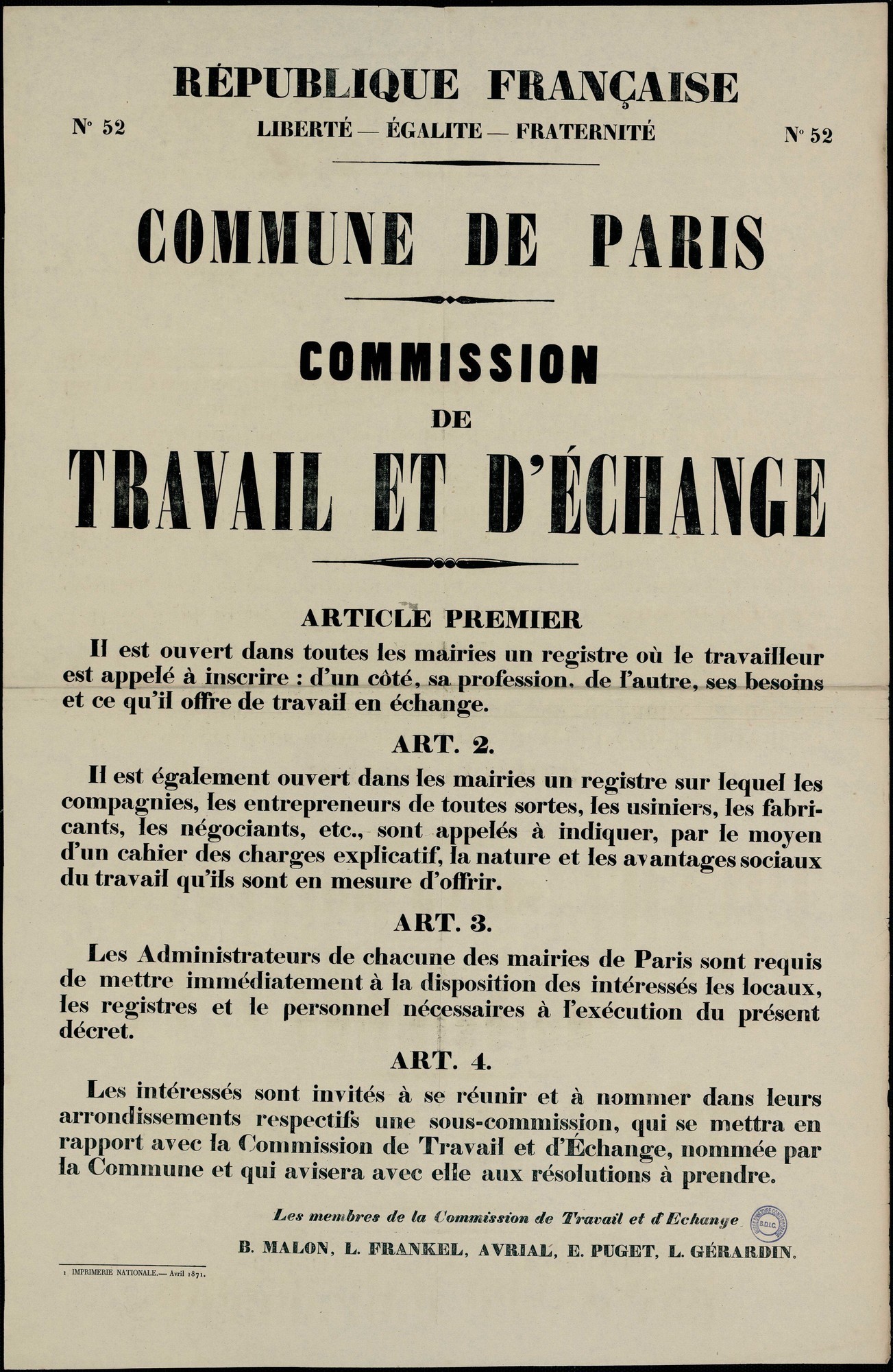Affiche de la Commune N° 52 d'avril 1871 - La commission de Travail et d'Échange (Source : argonnaute.parisnanterre.fr)