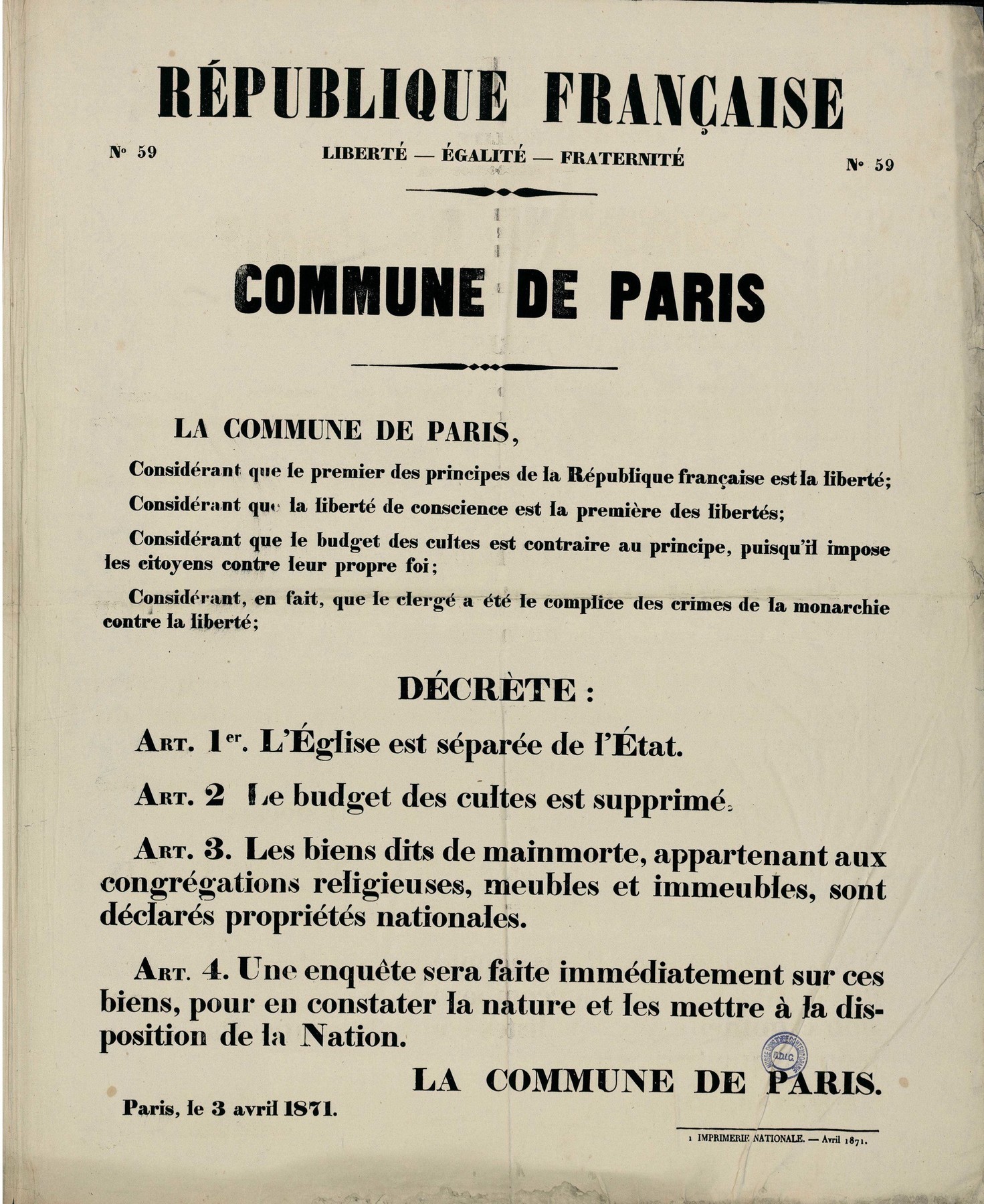 Affiche de la Commune de Paris N° 59 du 3 avril 1871 - Séparation des Églises et de l'État (source : La Contemporaine – Nanterre / argonnaute.parisnanterre.fr)