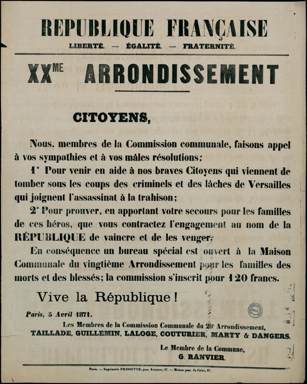 Affiches de la Commune de Paris du 5 avril 1871 signée de Ranvier (source : La Contemporaine – Nanterre / argonnaute.parisnanterre.fr)