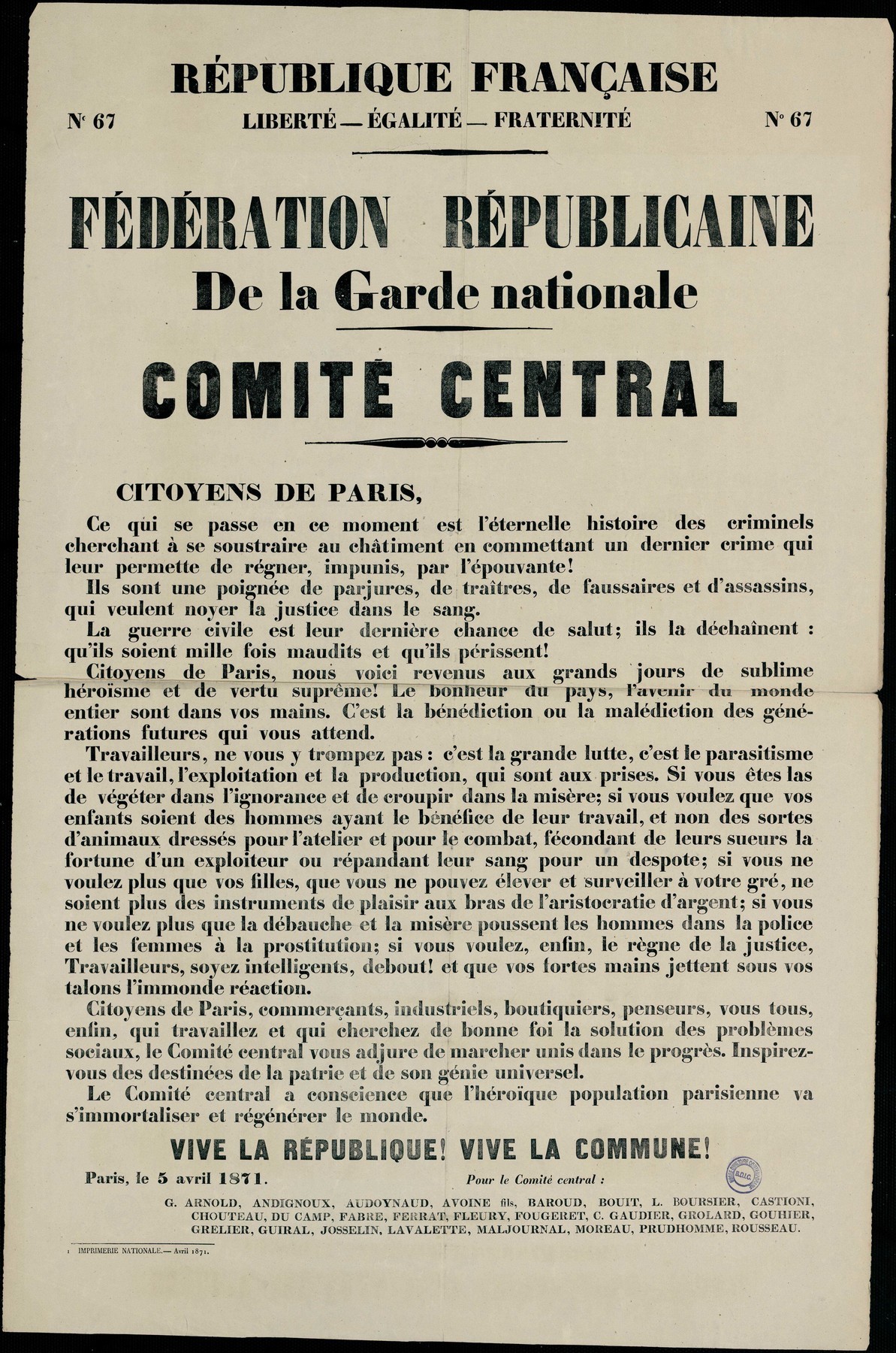 Affiche de la Commune de Paris N° 67 du 5 avril 1871 - Fédération républicaine de la garde national aux citoyens de Paris (source : La Contemporaine – Nanterre / argonnaute.parisnanterre.fr)