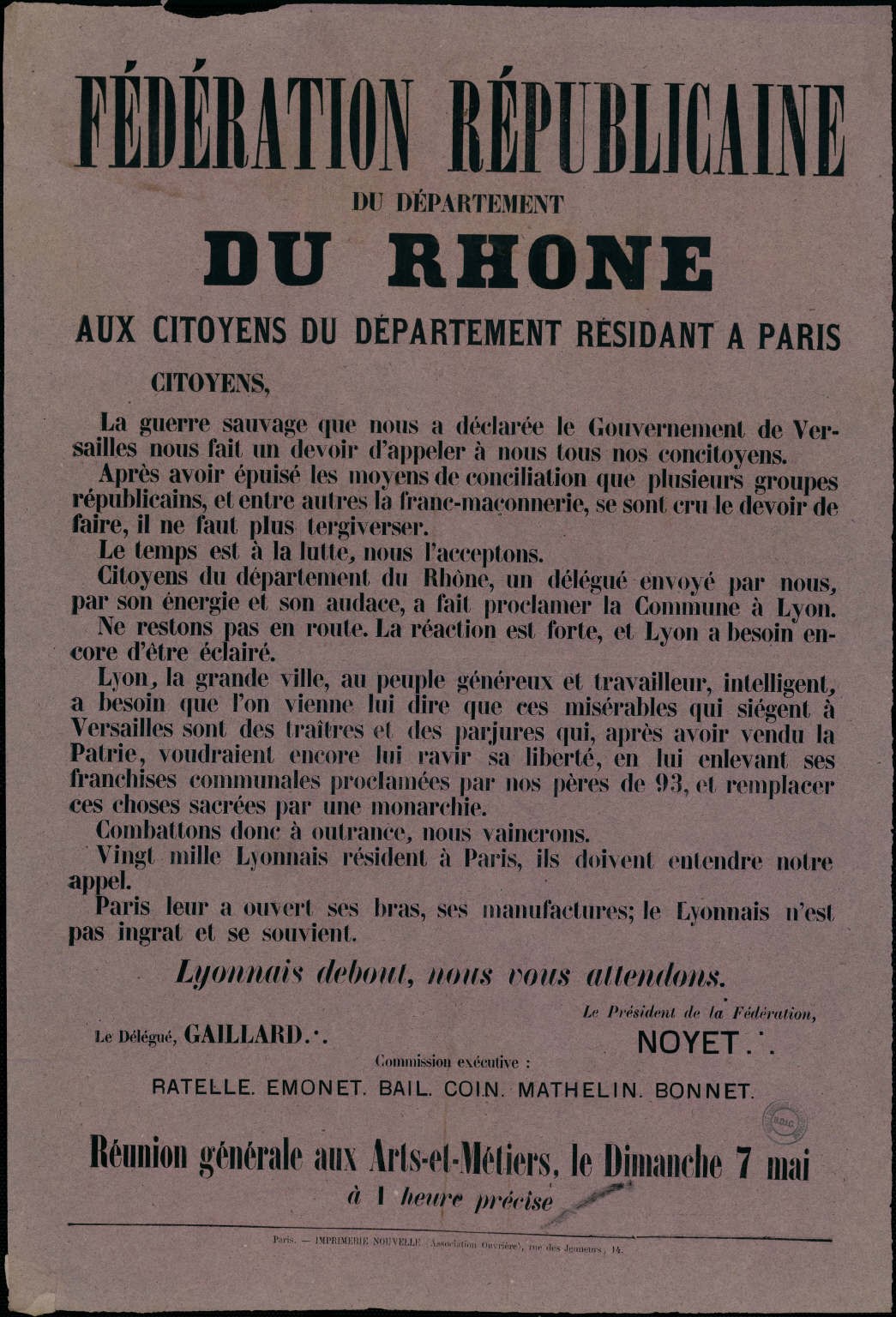 Affiche de la Fédération Républicaine du département du Rhône appelant les citoyens du département à soutenir la Commune de Paris (7 mai 1871)