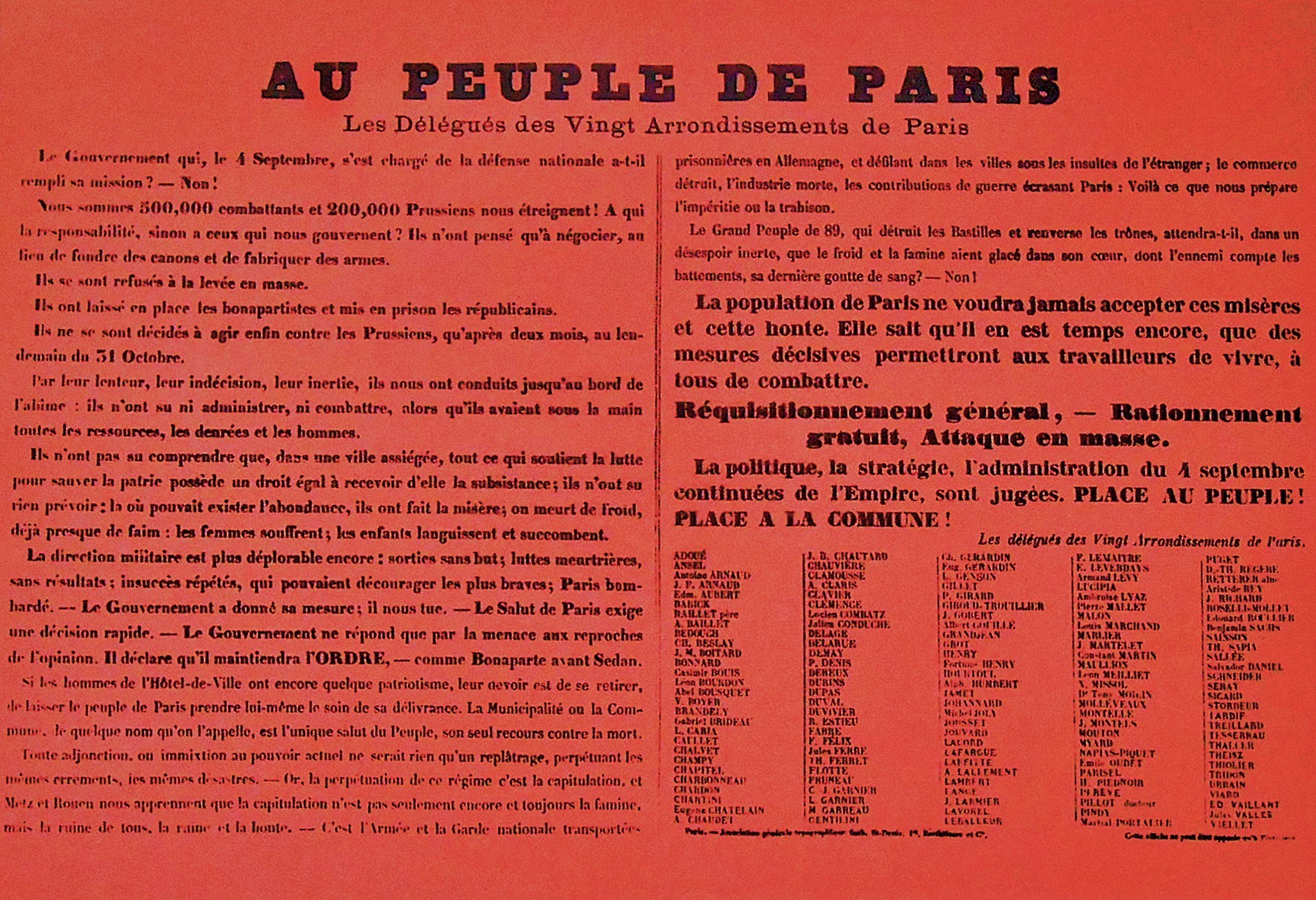 "Affiche rouge" du 6 janvier 1871 : Au peuple de Paris, les délégués de vingt arrondissements de Paris 