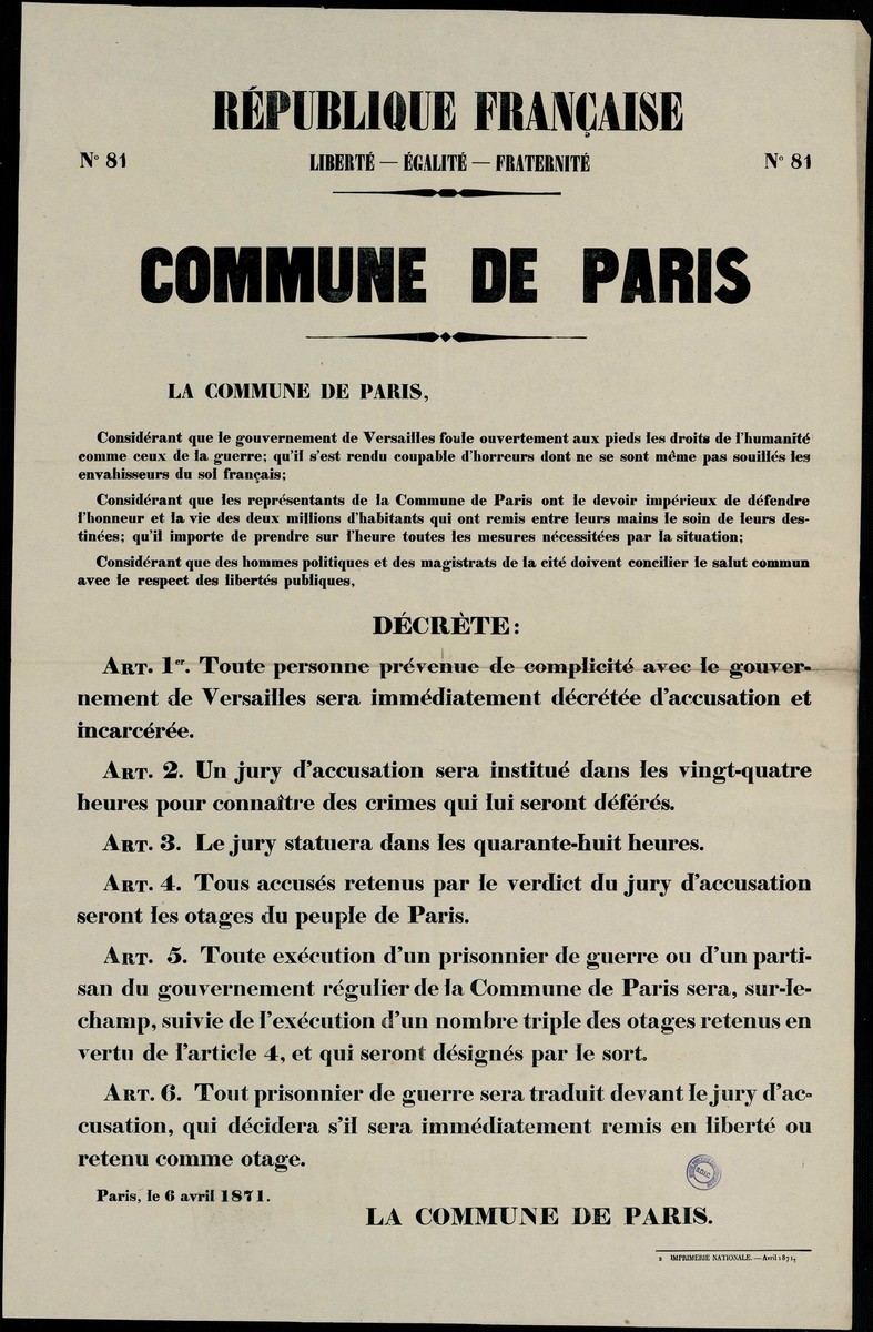 Affiche de la Commune n° 81 du 6 avril 1871 - Décret sur les otages