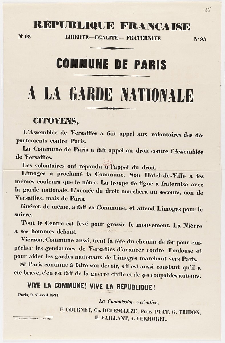 Affiche de la Commune de Paris N° 93 du 7 avril 1871 - La Commune de Paris à la Garde nationale (source : La Contemporaine – Nanterre / argonnaute.parisnanterre.fr)