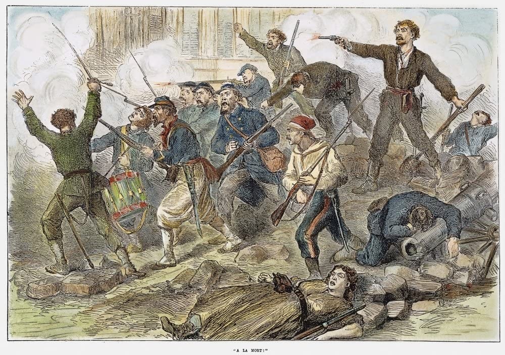 À la mort ! - Communards combats dans les rues pendant la Commune de Paris en 1871 - gravure sur bois à partir d'un journal anglais contemporain.