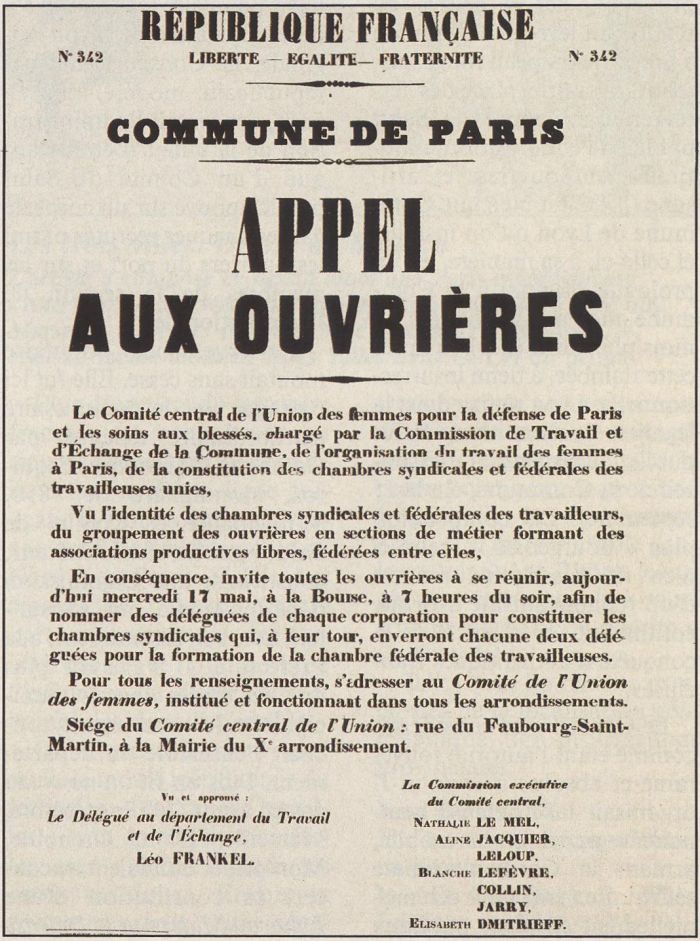 Affiche de la Commune de Paris N° 342 du 17 mai 1871, Appel aux ouvrières 