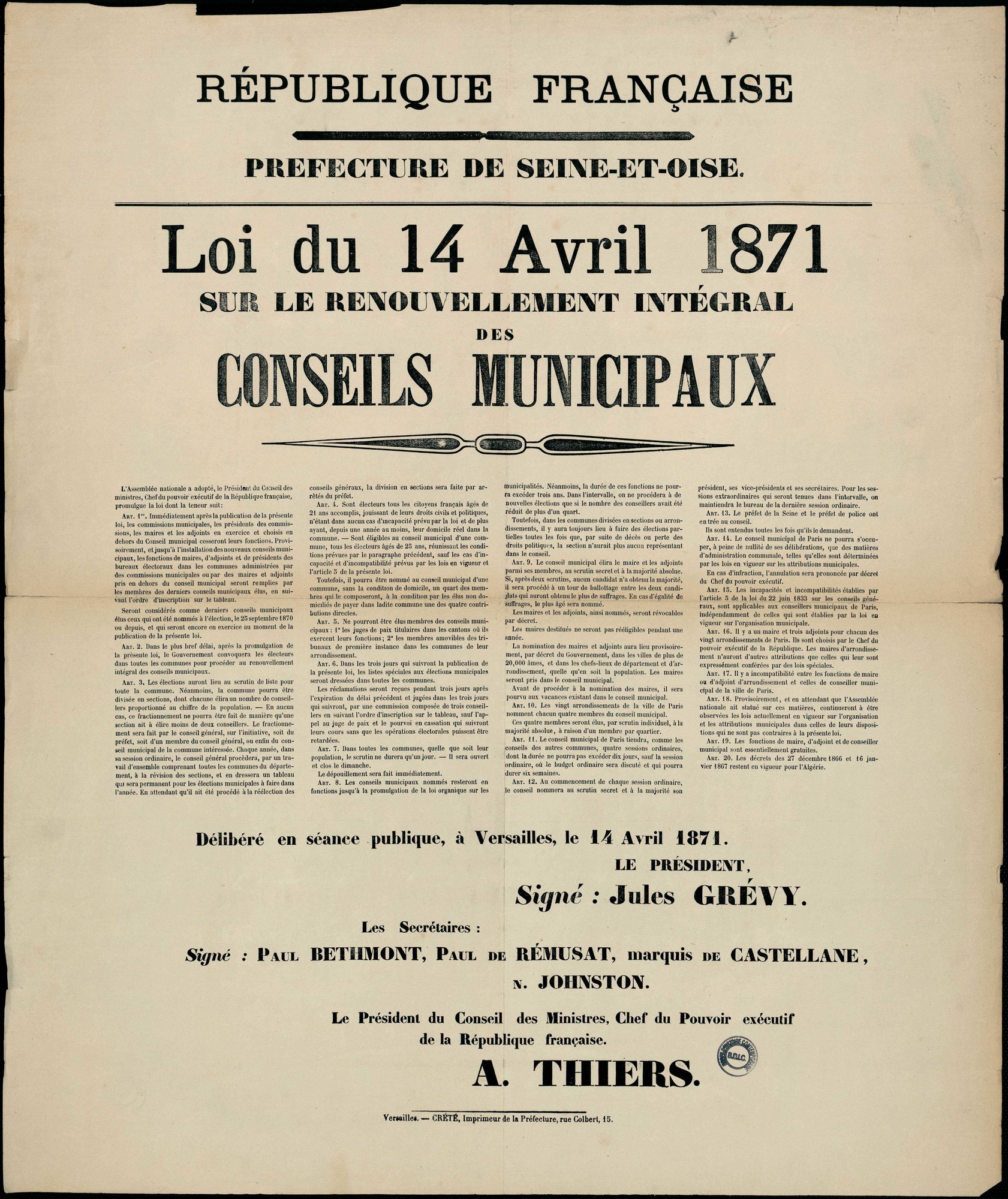 Affiche de Versailles du 14 avril 1871 - Loi du 14 avril sur les élections municipales  (source La contemporaine à Nanterre - argonnaute.parisnanterre.fr)