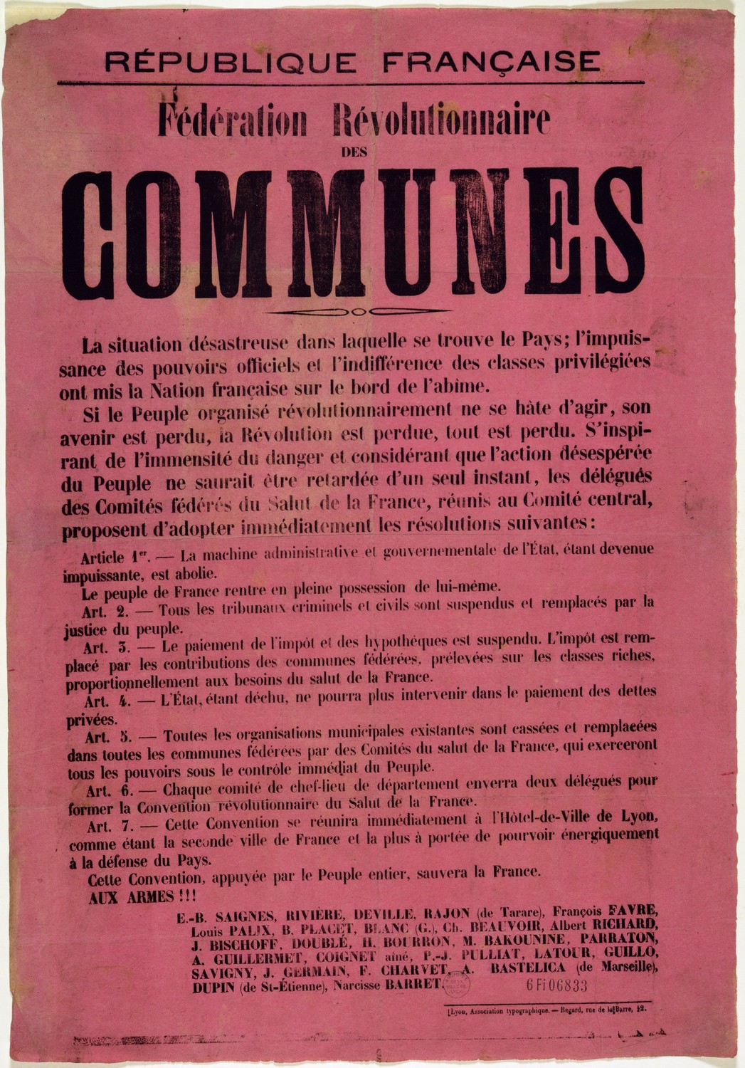 Affiche de la 1ère  Commune de Lyon (4 septembre 1870)
