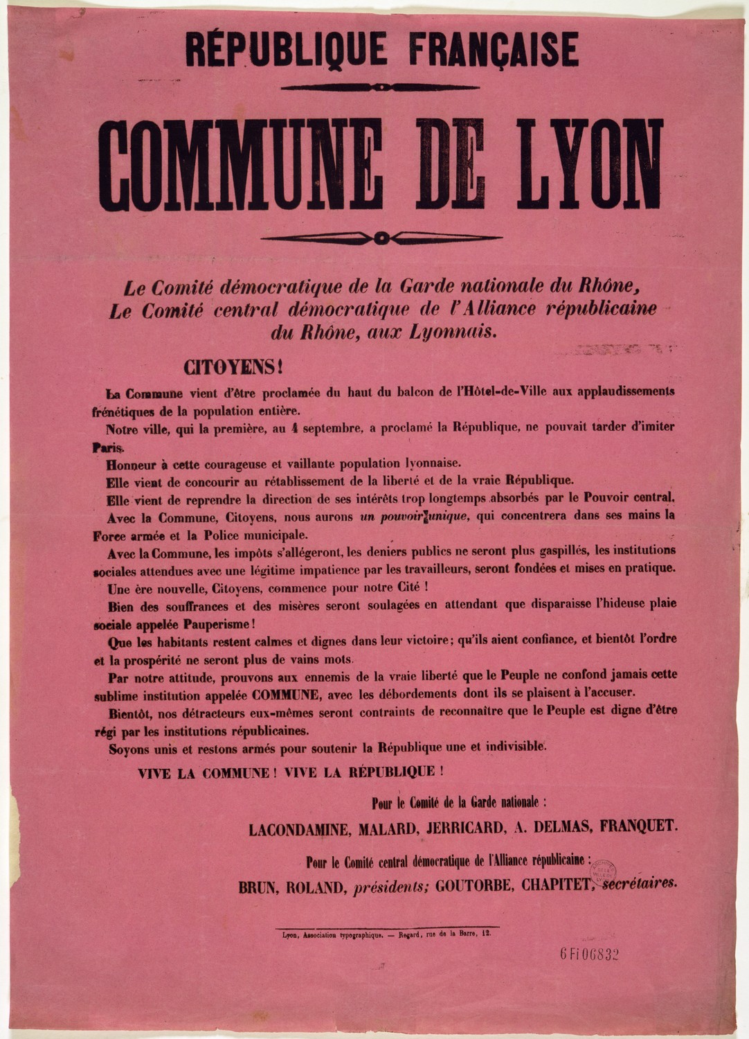 Affiche de la  2ème Commune de Lyon - 23 mars 1871 (source - Archives minicipale de Lyon)