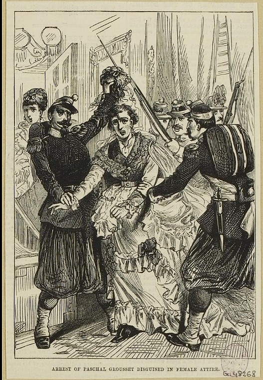 Arrestation de Paschal Grousset déguisé en femme. Estampe anonyme (© Musée Carnavalet, Histoire de Paris)