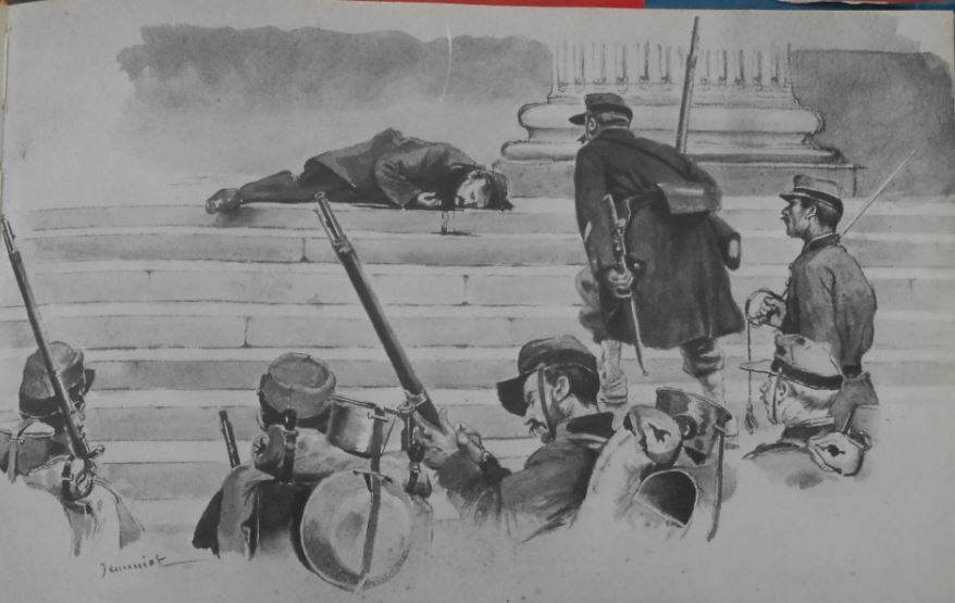 Assassinat de Millière le 26 mai 1871 sur les marches du Panthéon. Dessin de Pierre Georges Jeanniot (Jean Braire, "Sur les traces des communards", Éditeur Les Amis de la Commune)
