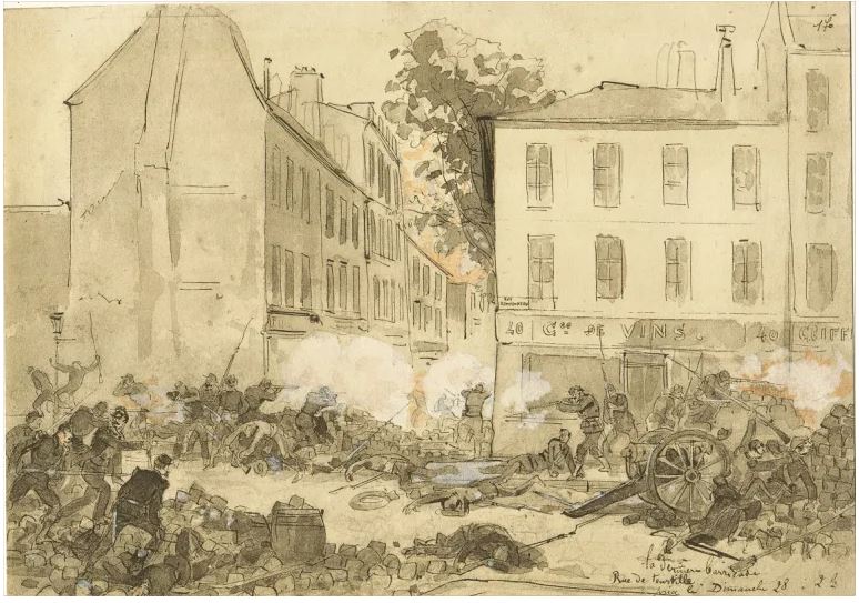 Derniers combats rue Ramponeau - Dessin de Robida (En bas à gauche de l'image : "La dernière barricade rue de Tourtille le dimanche 28 à 2 h"