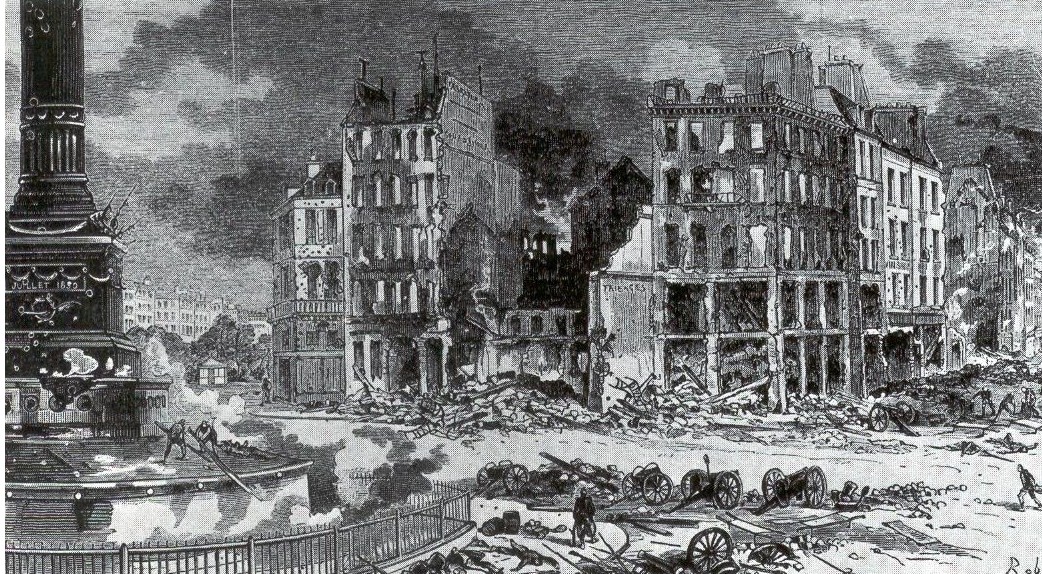 La place de la Bastille après le 26 mai, entre la rue de la Roquette et le boulevard Richard Lenoir © Lorédan Larchey, Mémorial illustré des deux sièges de Paris, 1872  