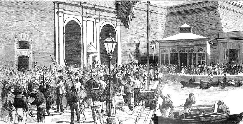 Carthagène, le 24 juillet 1873, les soldats d'Iberia et les marins des navires de guerre fraternisent avec les rebelles - Magazine espagnol "La Ilustracion Española y Americana".