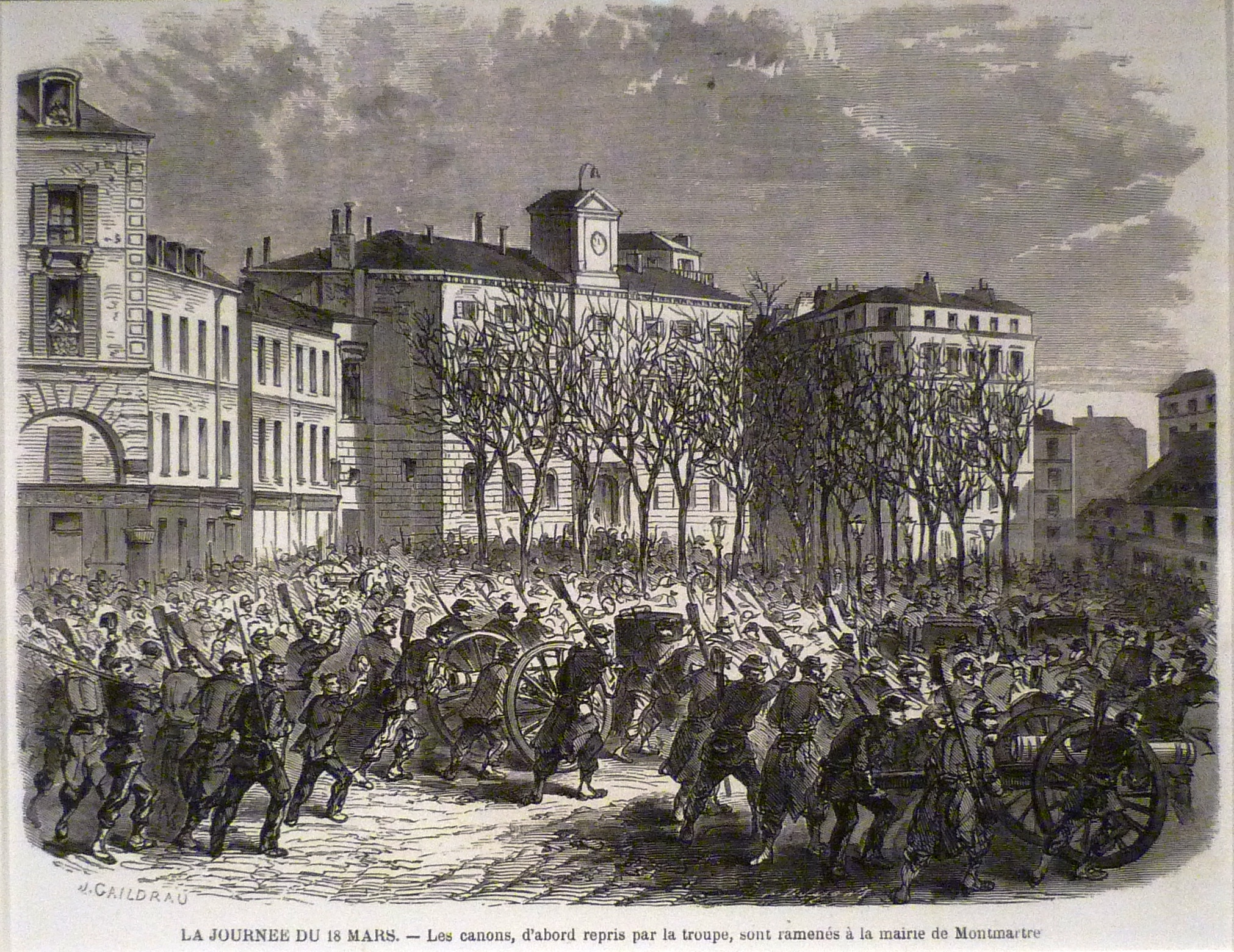  Arrivée des canons repris à l'armée devant la mairie du 18 e arrondissement, le 18 mars 1871 - Gravure de J. Gaildrau pour L'Illustration du 25 mars 1871.