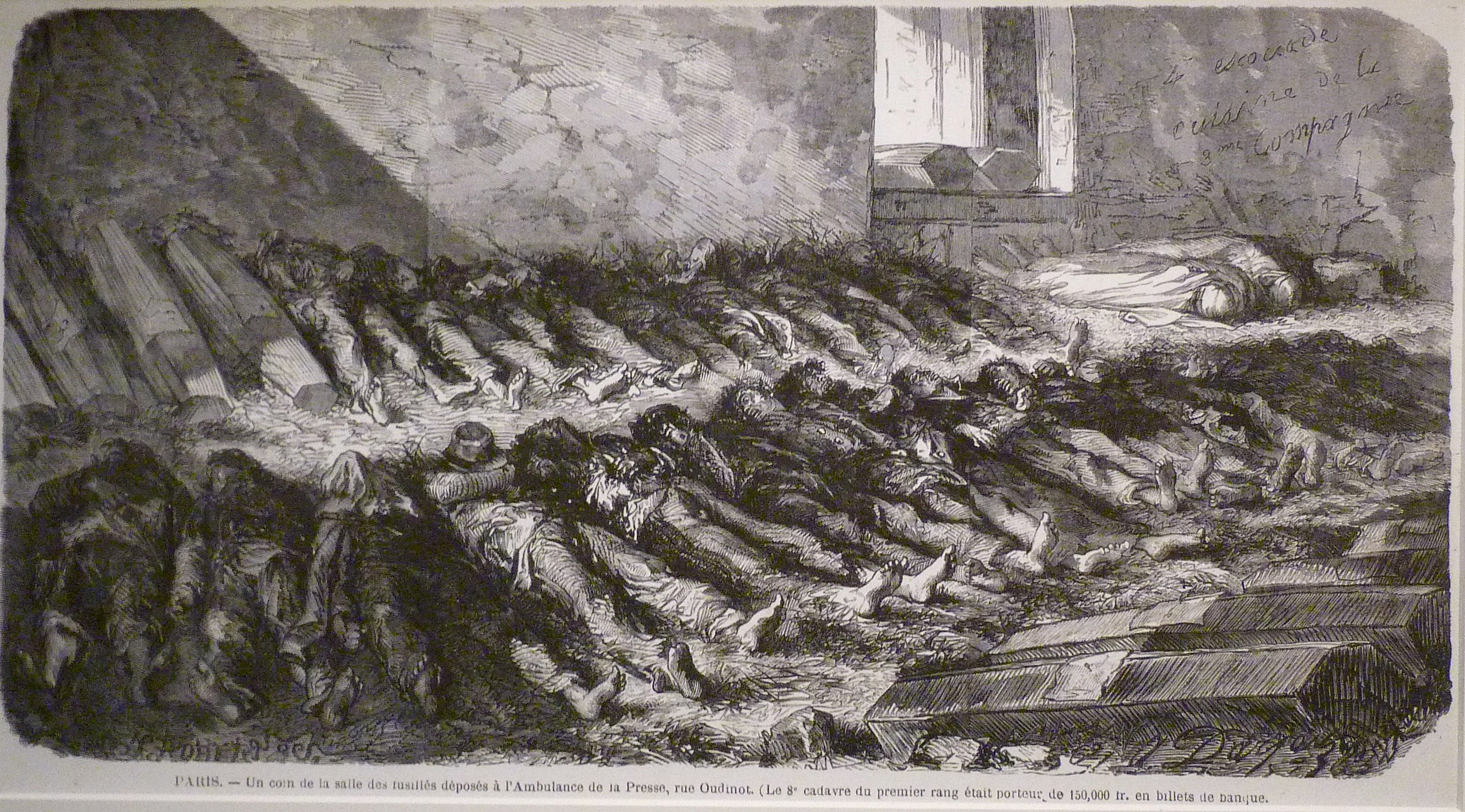 Cadavres de communards déposés dans une salle des ambulances de la Presse, rue Oudinot (7e arrond.), gravure d'Alfred Darjou  (l'Illustration du 3 juin 1871 - Bibliothèque historique de la Ville de Paris