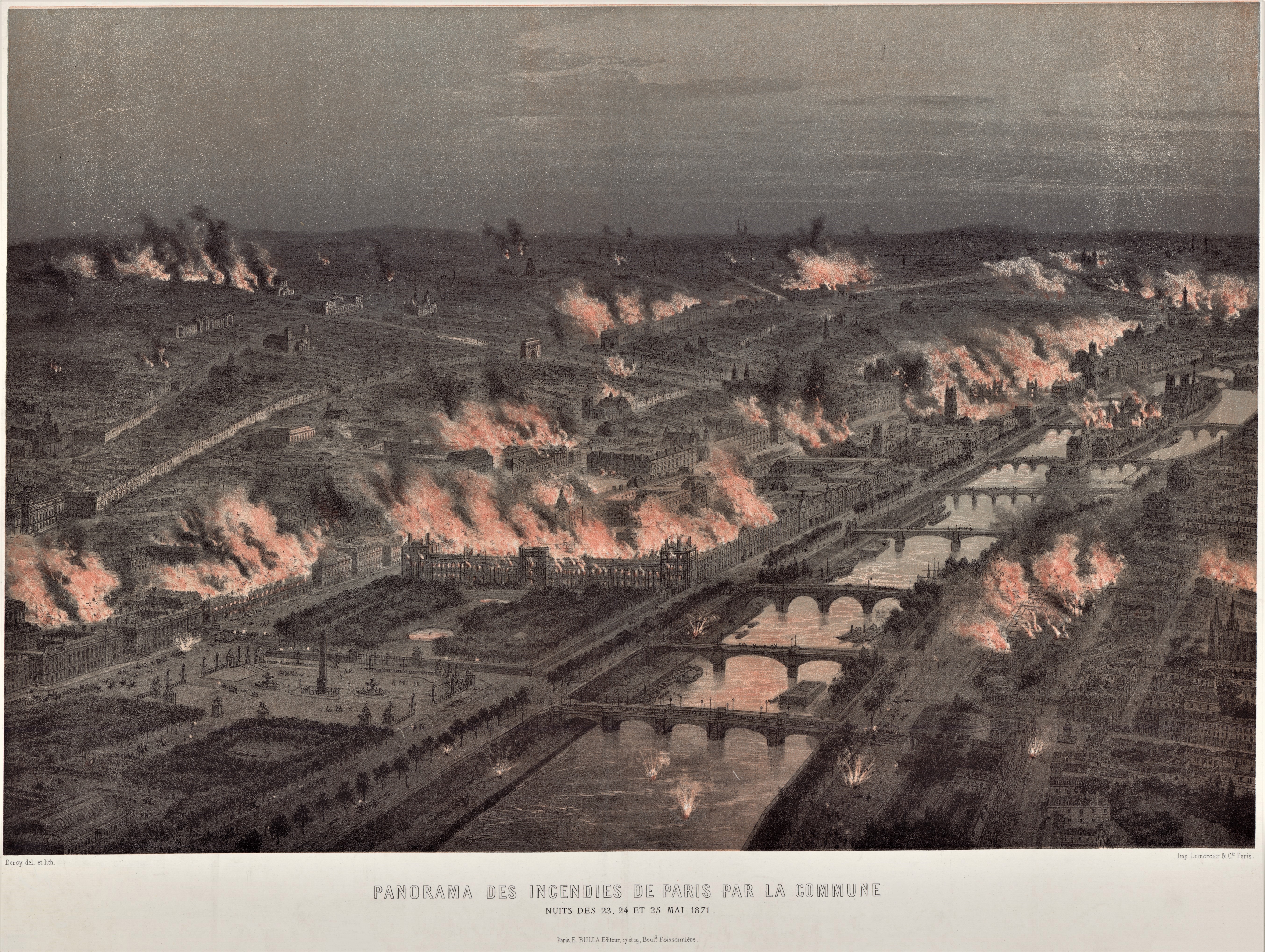 Panorama des incendies dans Paris du 23 au 25 mai - Lithographie d'Auguste Victor Deroy  (source : © Musée Carnavalet – Histoire de Paris)