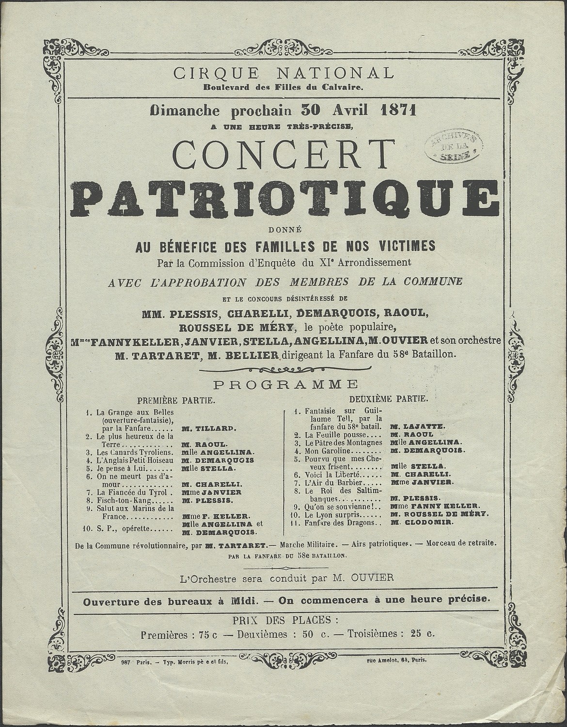 Affiche pour un concert patriotique le 3 avril 1871 (Source : Archives de Paris - Fonds : Administration de la Commune de 1871 Cote : VD3 14)